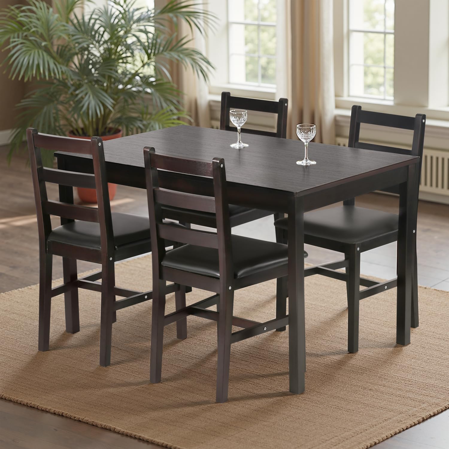 FDW | 5-Piece Solid Wood Dining Table Set for 4 | Brown | Space-Saving Design | Smooth Easy-to-Clean Surface | Pine Kitchen Table with Upholstered Chairs | for Dining Room, Apartment, Restaurant