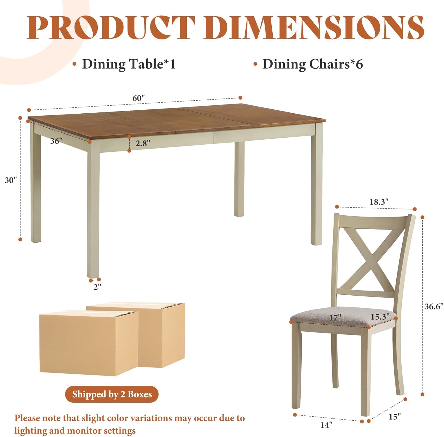 AMERLIFE 7-Piece Farmhouse Solid Wood Dining Table Set with 6 Upholstered Chairs, 60" Space Saving Dinner Table & Chairs Set, for Dining Room, Kitchen, Restaurant, Rustic Cream