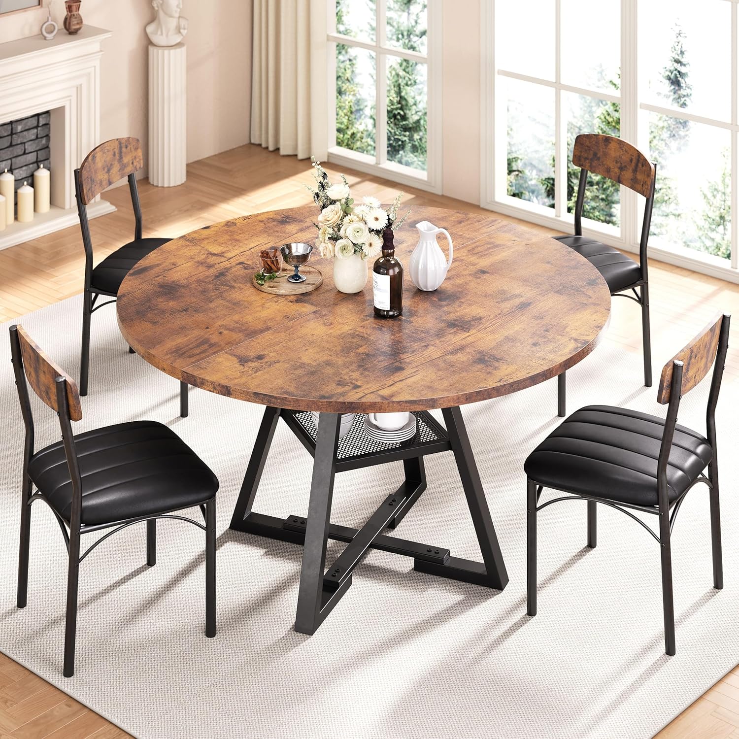 Alternative view of Round Dining Table Set for 4, Kitchen Table and Chairs for 4, Circle Table Round Pedestal Dining Room Dinner Dinette Table Set,5 Piece Space Saving Wood Kitchen & Dining Room Tables (Vintage, 42In)