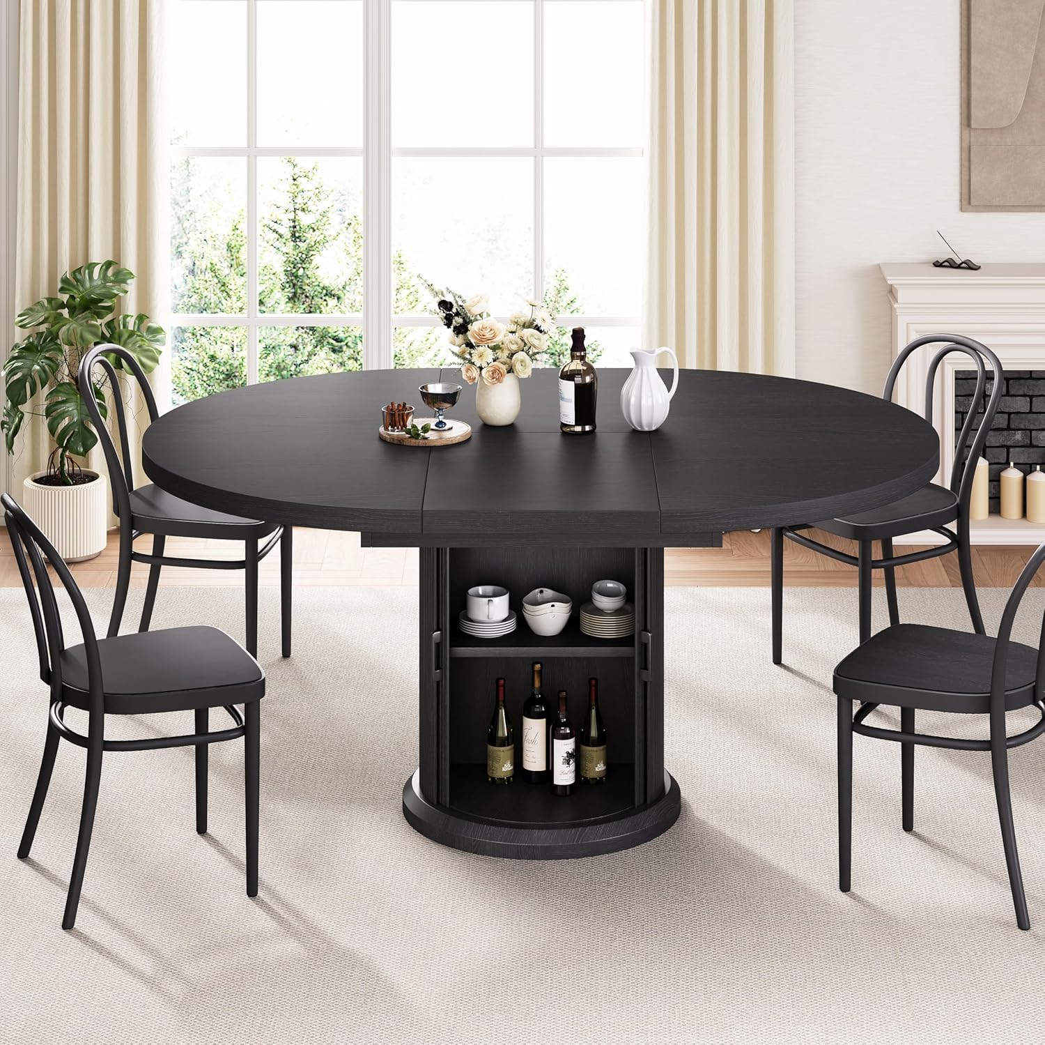 Jocoevol 47u2033u201363u2033 Extendable Round Dining Table for 4u20138 with Dust-Proof 2-Tier Storage Shelf Space Saving Expandable Wood Oval Circle Dinner Furniture with Pedestal Base (Black)