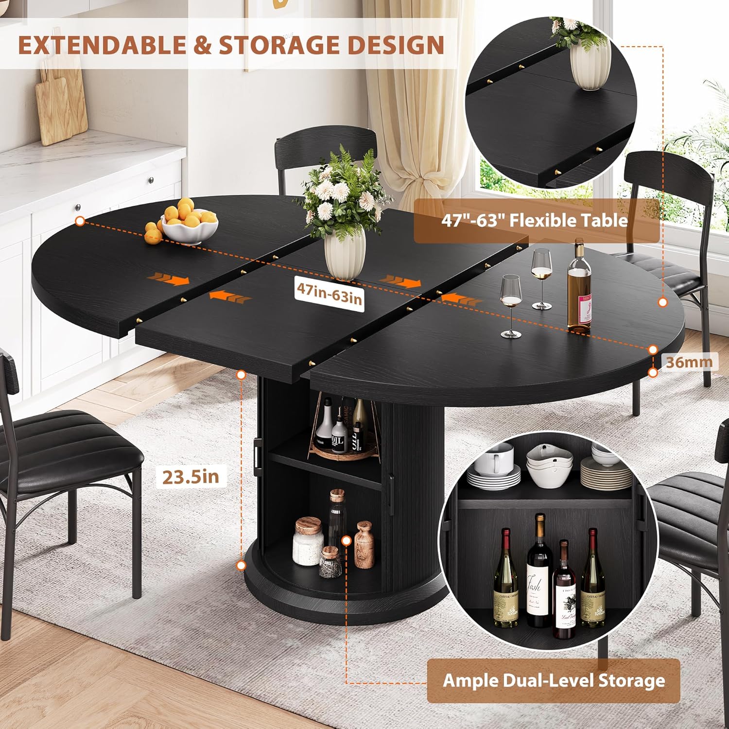 Alternative view of Jocoevol 47u2033u201363u2033 Extendable Round Dining Table for 4u20138 with Dust-Proof 2-Tier Storage Shelf Space Saving Expandable Wood Oval Circle Dinner Furniture with Pedestal Base (Black)