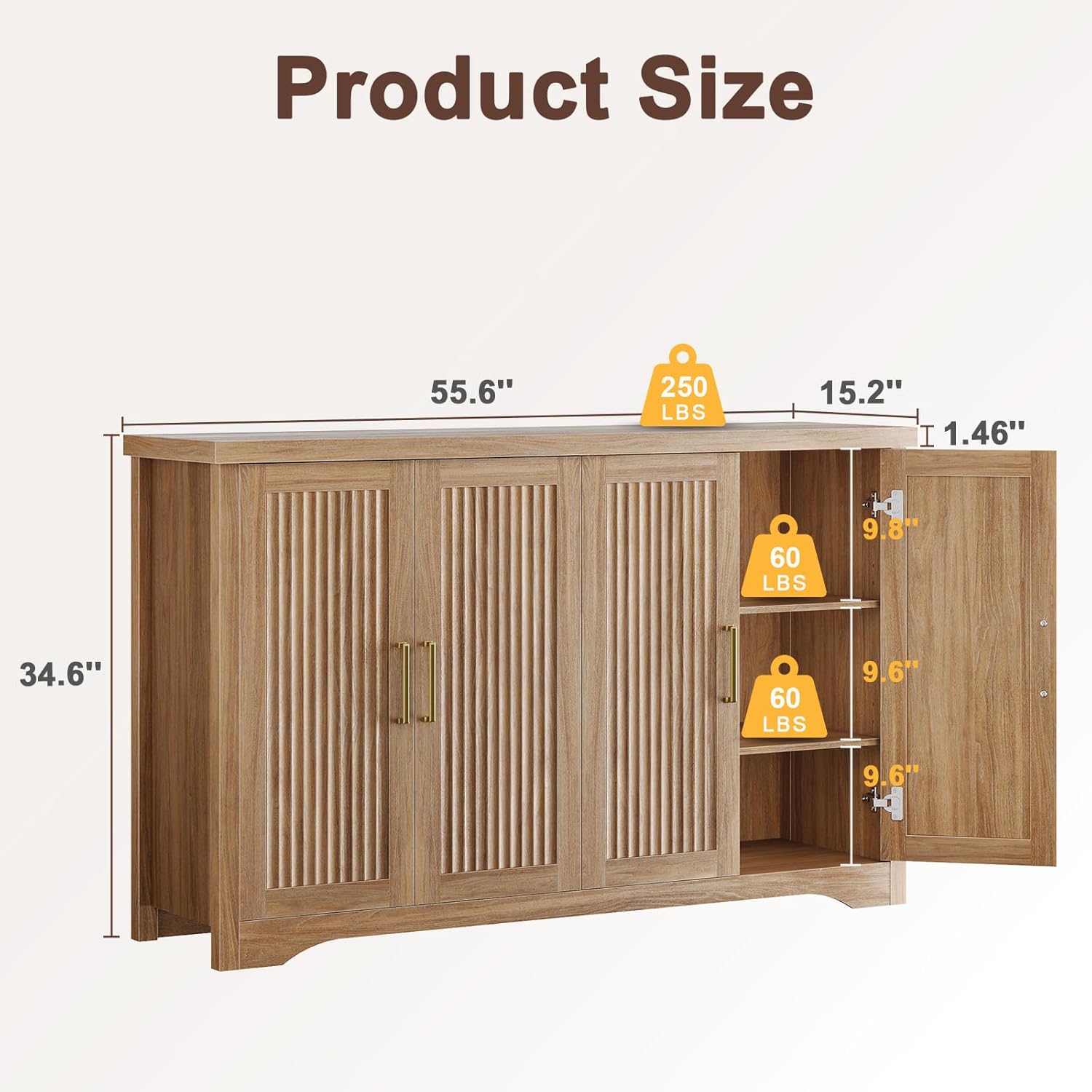 Memobarco Fluted Buffet Cabinet with Storage Accent Sideboard,Modern Credenza with 4 Doors & Adjustable Shelves,Wood Coffee Bar Table Console for Dining Room Kitchen Living Room Entryway,Natural Oak