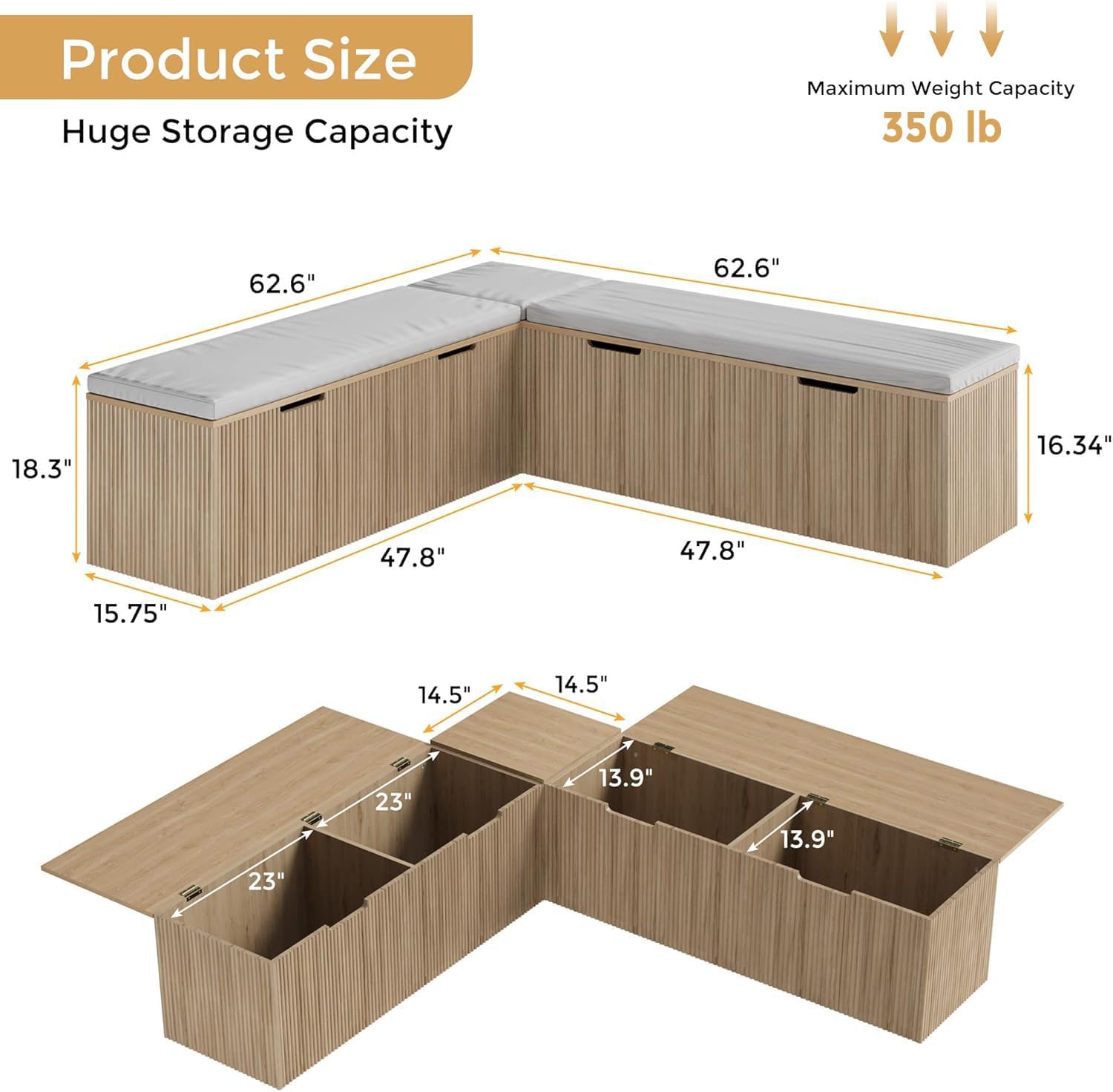 Bobve L-Shape Storage Bench with Cushion, Backless Corner Dining Bench, Kitchen Dining Nook Bench with Hidden Storage for Dining Room, Kitchen, Entryway (Natural Wood)