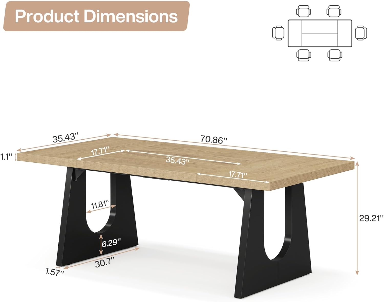 Tribesigns Large Dining Table for 6-8 People, 70.9-Inch Wood Rustic Rectangular Table with Black Wooden Legs, Farmhouse Center Kitchen Table for Dining Room, Living Room, Home Furniture, Oak and Black