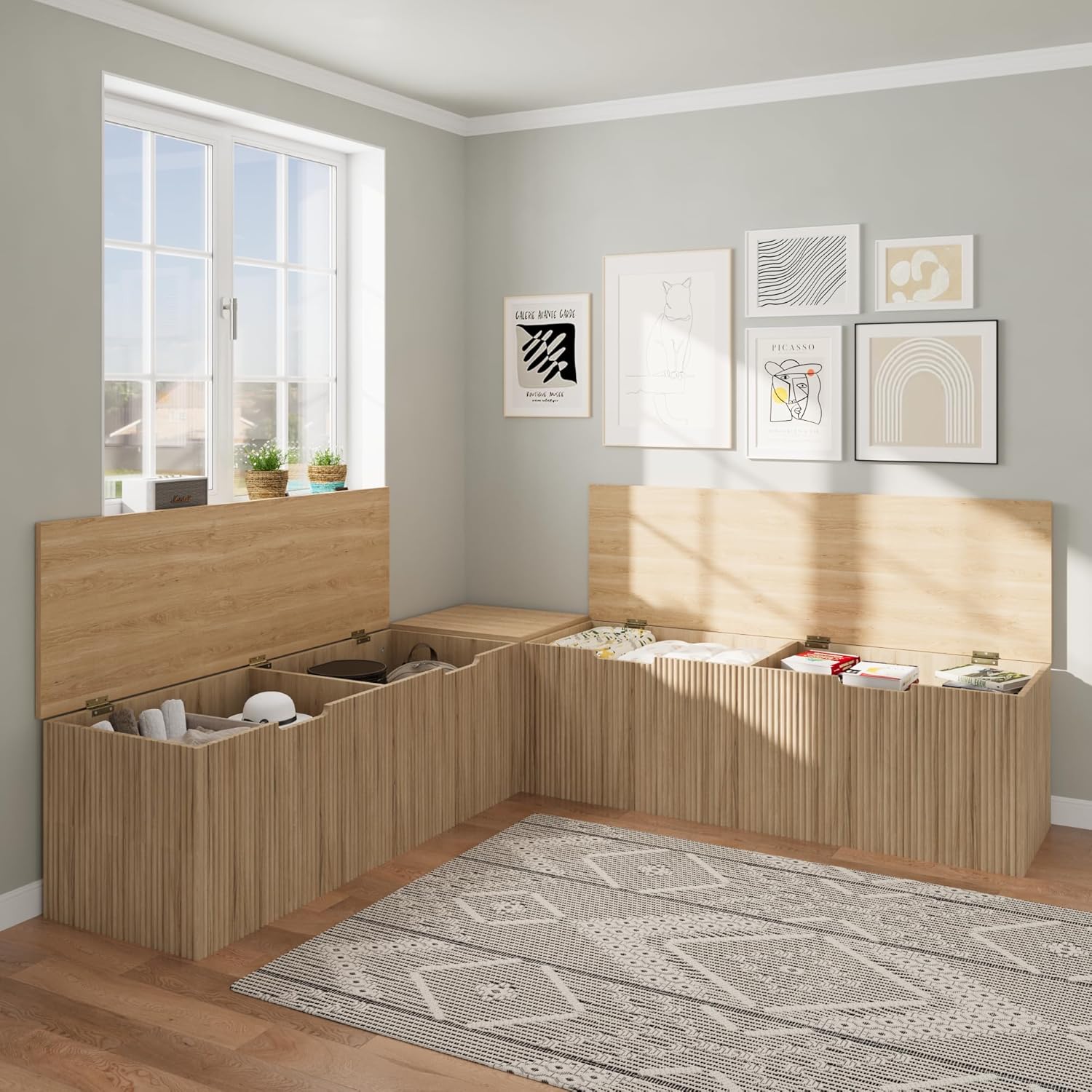 Alternative view of Bobve L-Shape Storage Bench with Cushion, Backless Corner Dining Bench, Kitchen Dining Nook Bench with Hidden Storage for Dining Room, Kitchen, Entryway (Natural Wood)