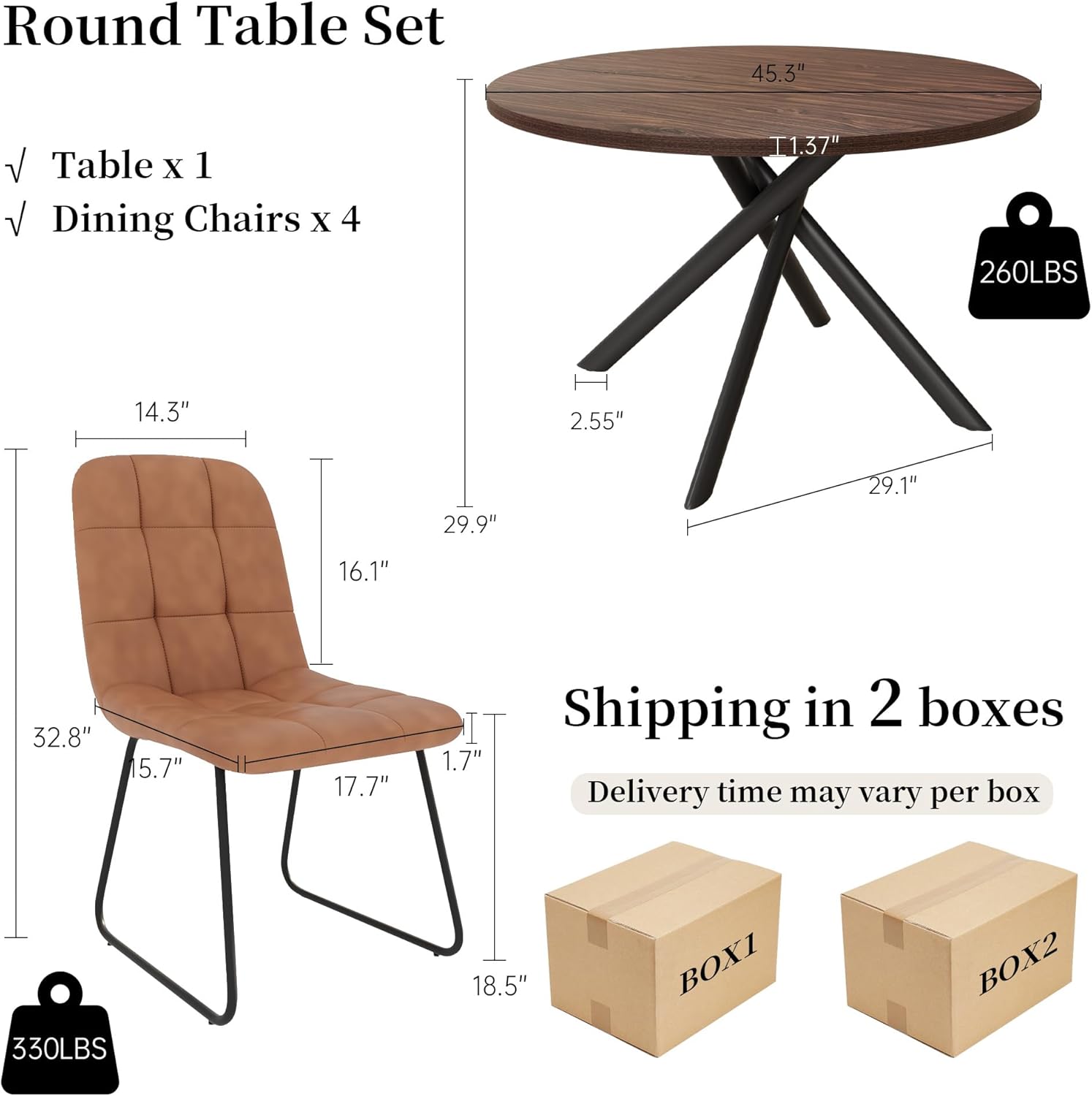HIPIHOM 45.3 Inch Round Dining Table Set for 4, Mid Century Modern Small Coffee Set for Dining Room Kitchen Apartment (Dark Walnut Table + 4 U-Shaped Brown Chairs)