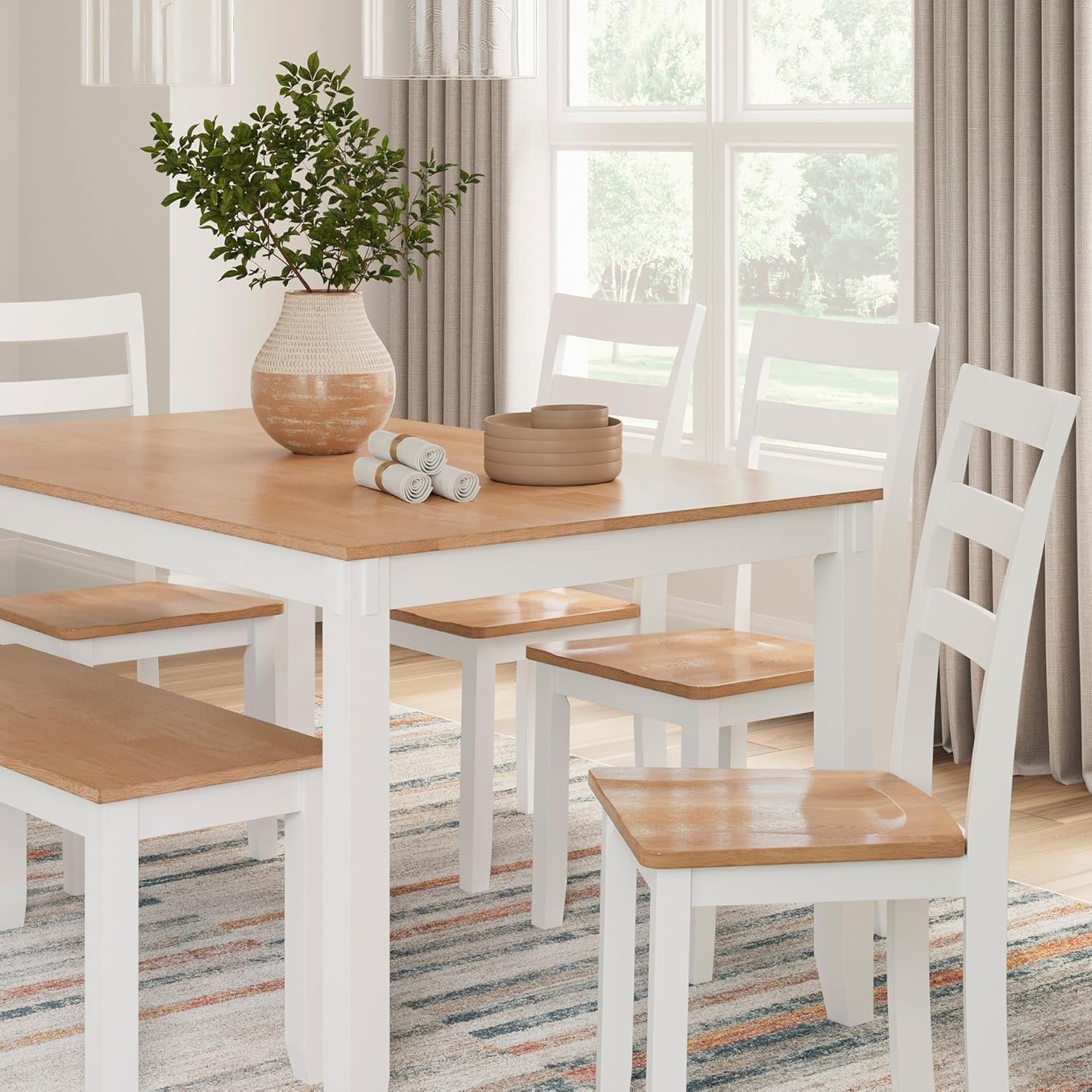 Signature Design by Ashley Gesthaven Casual Modern Dining Room Table Set with 4 Chairs and Bench, Set of 6, Mango Wood, 30.25" Table Height, White & Light Brown