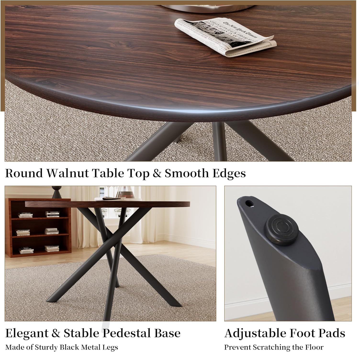 Alternative view of HIPIHOM 45.3 Inch Round Dining Table Set for 4, Mid Century Modern Small Coffee Set for Dining Room Kitchen Apartment (Dark Walnut Table + 4 U-Shaped Brown Chairs)