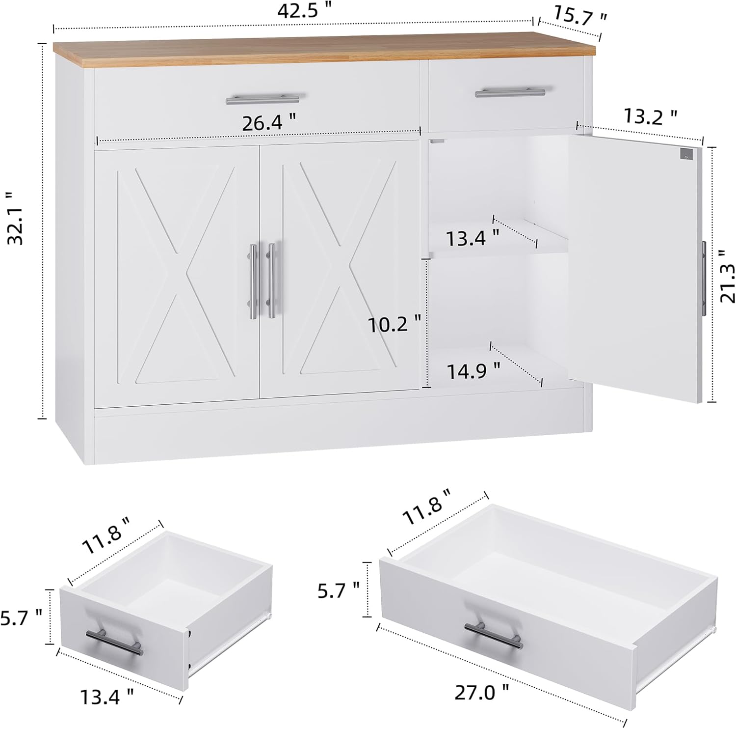Alternative view of Shintenchi Modern Farmhouse Sideboard Buffet Cabinet with Storage with 3 Doors,42" Barn Doors Buffet Cabinet with Storage, Wood Coffee Bar Cabinets with Adjustable Shelf for Kitchen Living Room,White