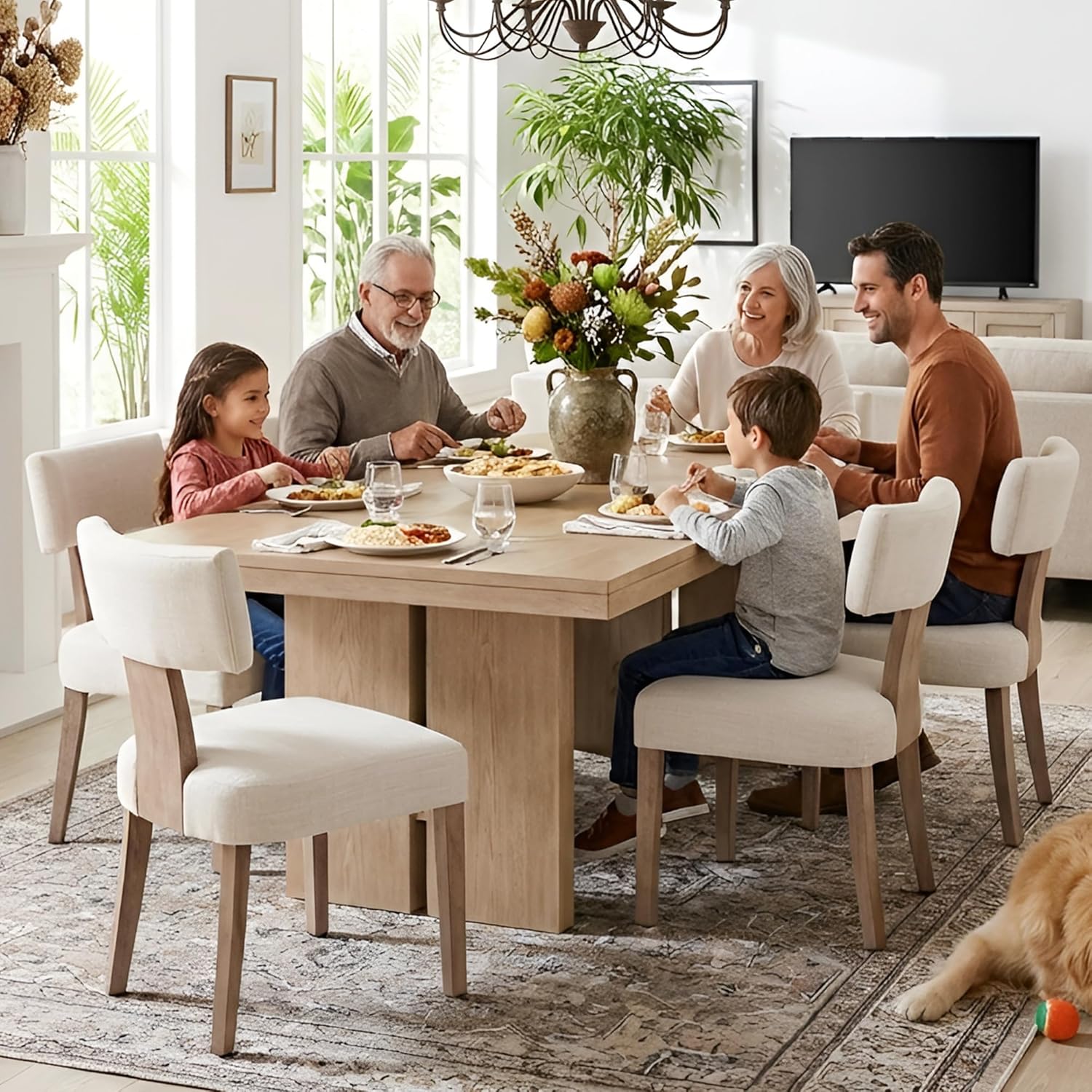 Alternative view of HNY Mid Century Modern Dining Chairs Set of 6, Farmhouse Linen Fabric Upholstered Accent Curved Backrest Kitchen Chairs, with Hardwood Frame, Beige, Linen