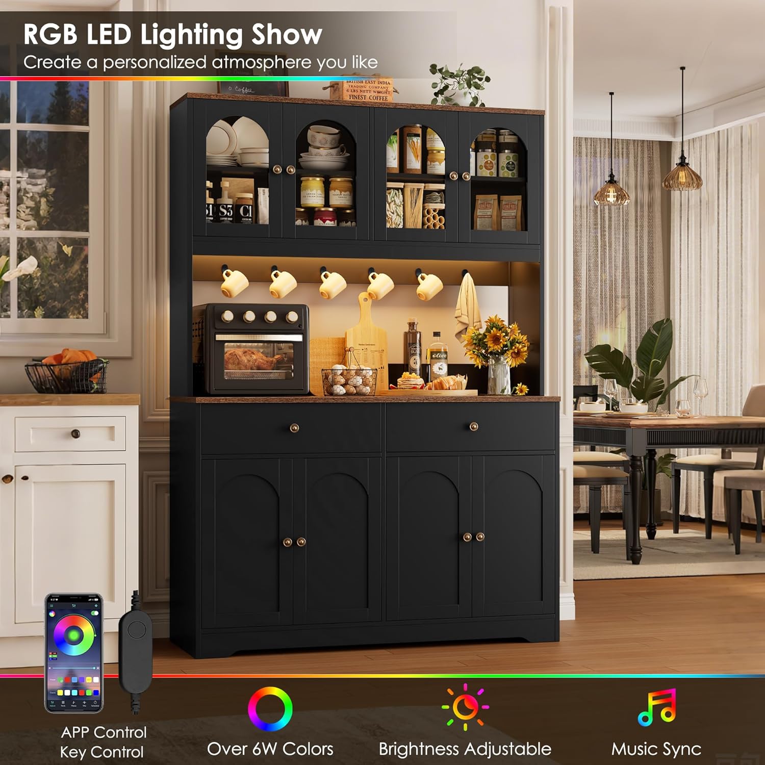 Alternative view of HIFIT 71" LED Kitchen Pantry Cabinet with Power Outlet, Large Kitchen Hutch Storage Cabinet with Arched Door & Shelves & 2 Drawers, Tall Farmhouse Coffee Bar w/Hutch for Home Dining Living Room, Black