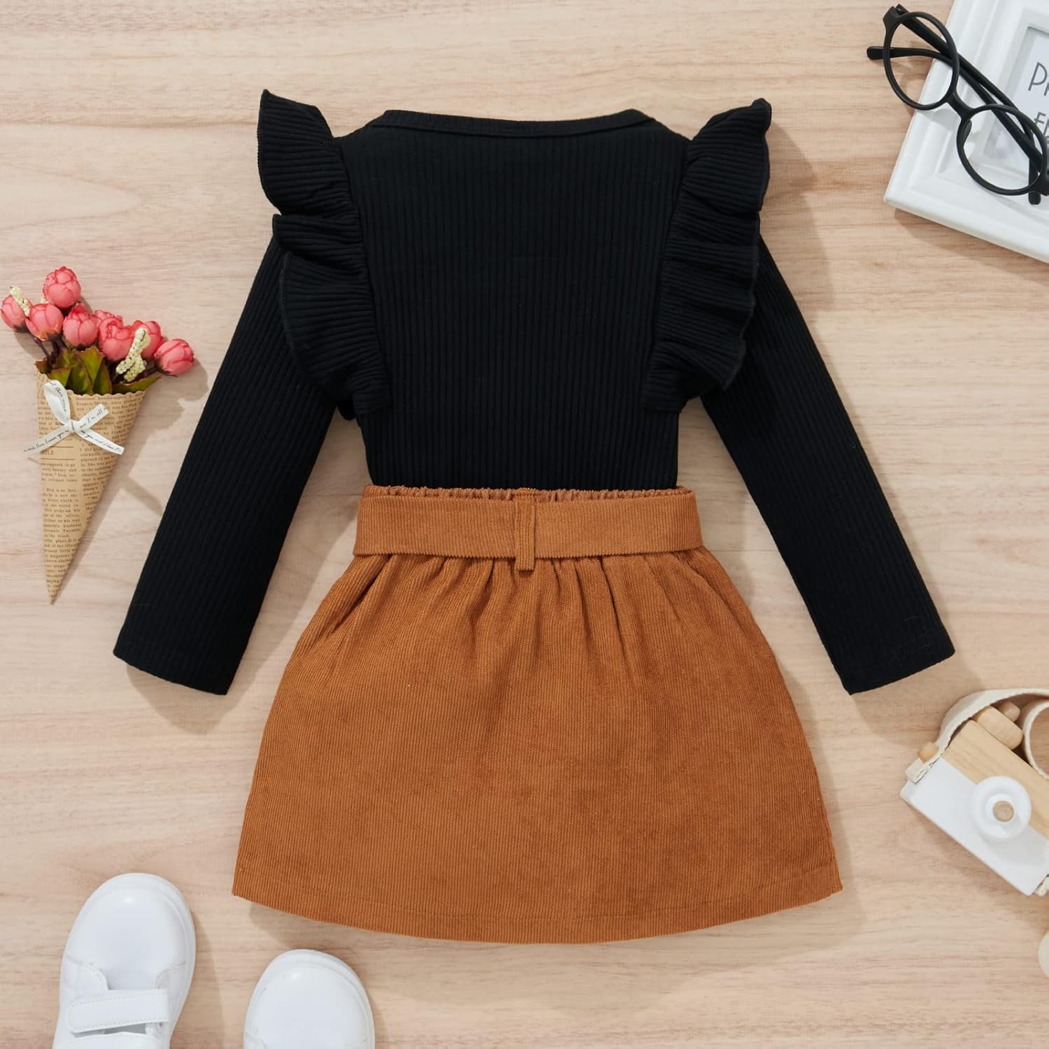 Alternative view of fhutpw Baby Toddler Girl Outfits Fall Winter Clothes Turtleneck Knitted Cotton Long Sleeves Tops & Button Mini Skirts Set