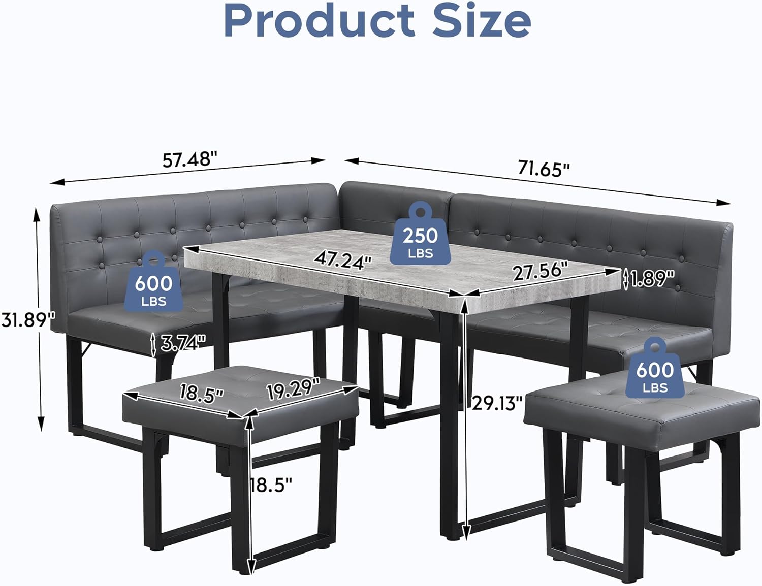 Modern Corner Dining Table Set, 72 Inch Breakfast Nook with Banquette, 5 Piece Set with Storage Bench, Grey