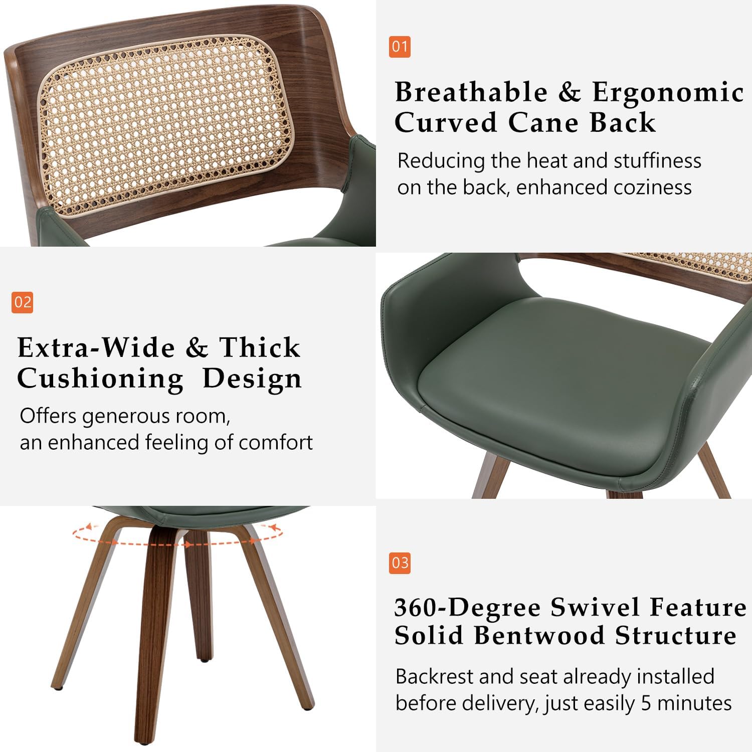 Alternative view of Set of 4 Dining Room Chairs with Arms - Swivel Cane Dining Chairs with Ergonomic Rattan Back, Walnut Bentwood Frame, Curved Arms, Versatile for Restaurant/Living Room/Kitchen (Walnut Green)