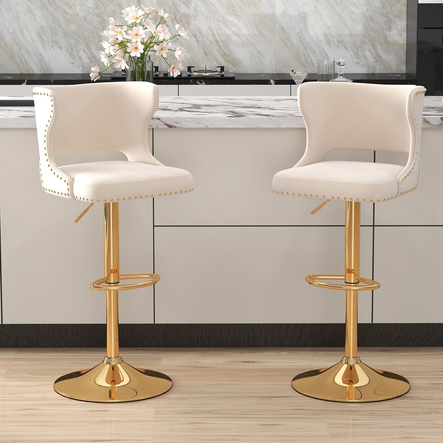 Westice Gold Bar Stools Set of 2, Counter Height Adjustable and Swivel Barstools, Modern Velvet Bar Chairs with Curved Back, Metal Base & Footrest for Kitchen Island Dining Room, Beige