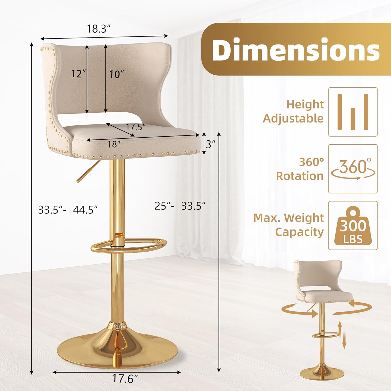 Alternative view of Westice Gold Bar Stools Set of 2, Counter Height Adjustable and Swivel Barstools, Modern Velvet Bar Chairs with Curved Back, Metal Base & Footrest for Kitchen Island Dining Room, Beige