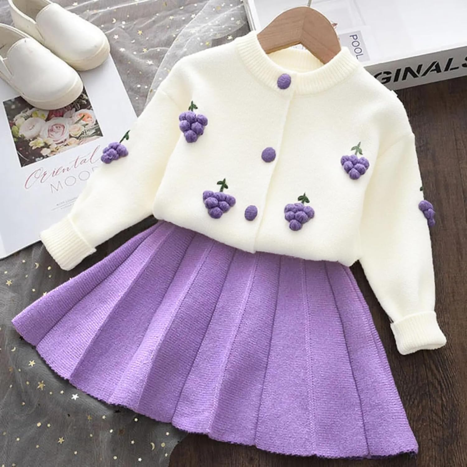 Balatale Toddler Baby Girls Fall Outfits Long Sleeve Knitted Sweater Tops Pleated Mini Skirt Set Autumn Winter Clothes Set