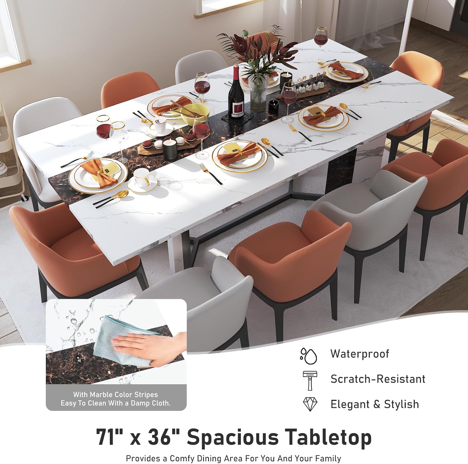 Alternative view of Hlivelood 71 Inch Dining Table for 4 6 People,White Rectangular Kitchen Table W/Waterproof Tabletop,Large Dining Room Tables W/Adjustable Legs,Wooden Dinner Table for Kitchen Dining Room,Home Office