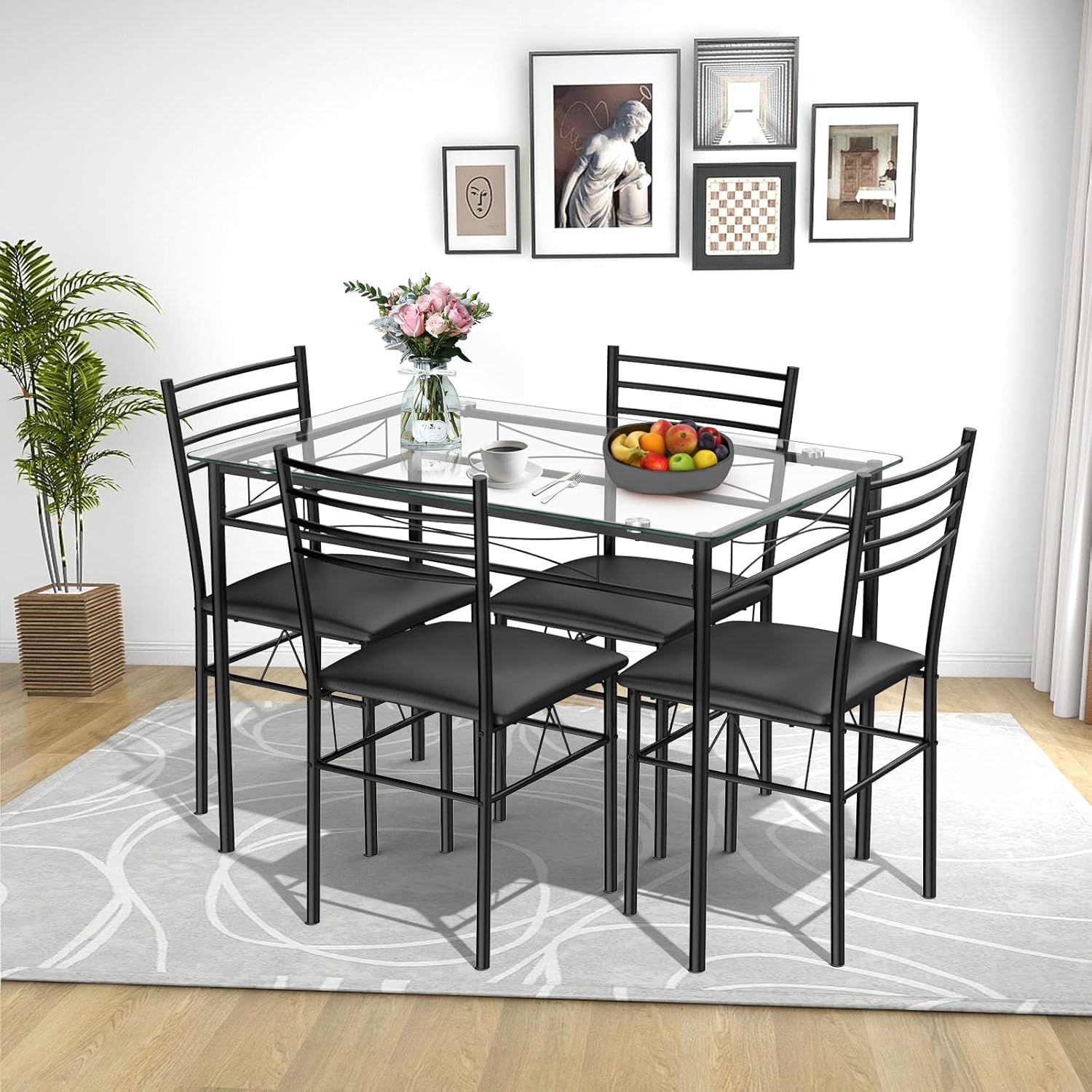 Tangkula Dining Table Set, 5 Pieces Dining Set with Tempered Glass Top Table and 4 Chairs, Kitchen Dining Room Furniture, Black