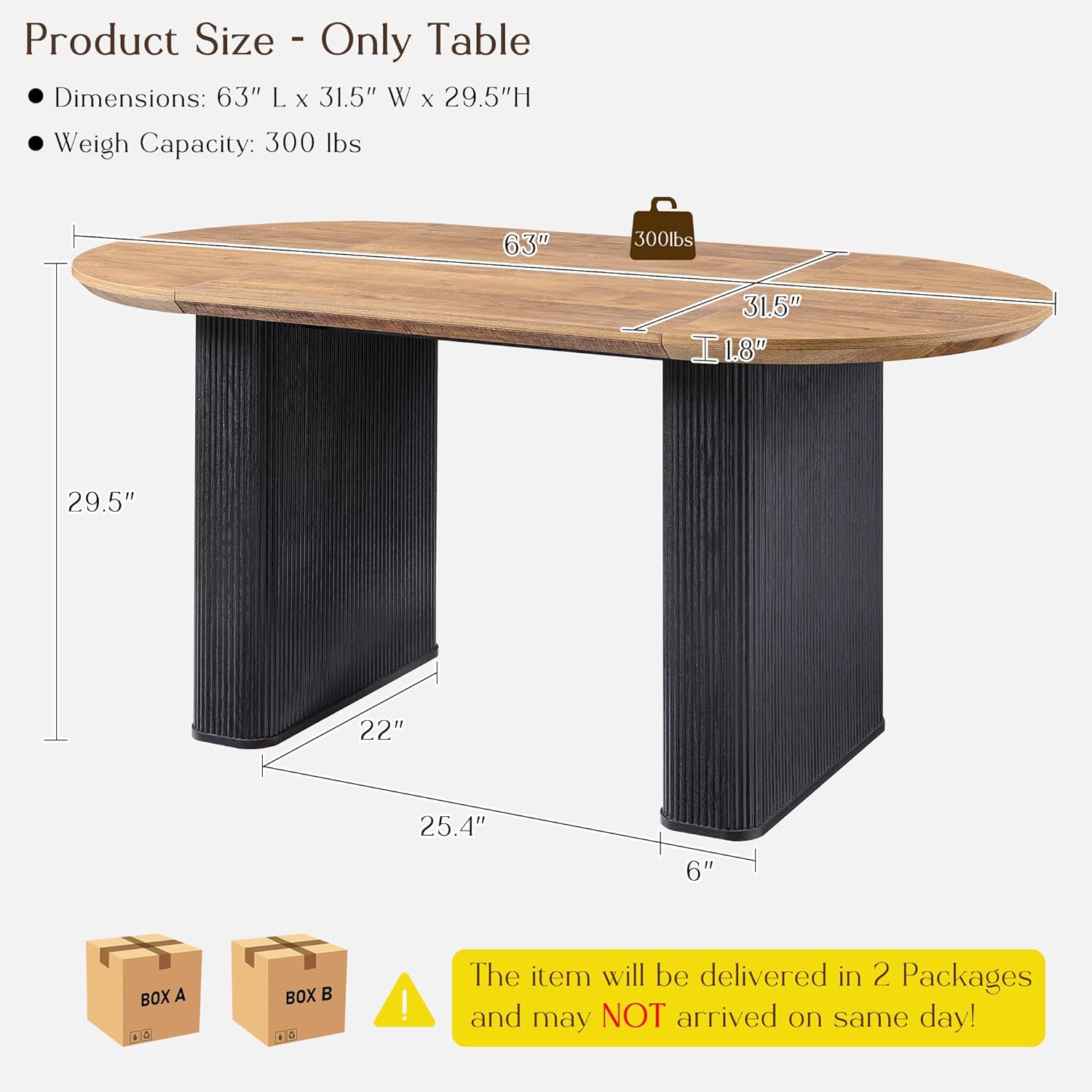 T4TREAM 63" Fluted Oval Dining Table for 4-6, Mid-Century Modern Kitchen Table with Thickened Edge & Strip Base, Wood Luxury Table for Dining Room/Kitchen/Home Office, Gold Brown&Black(Table Only)