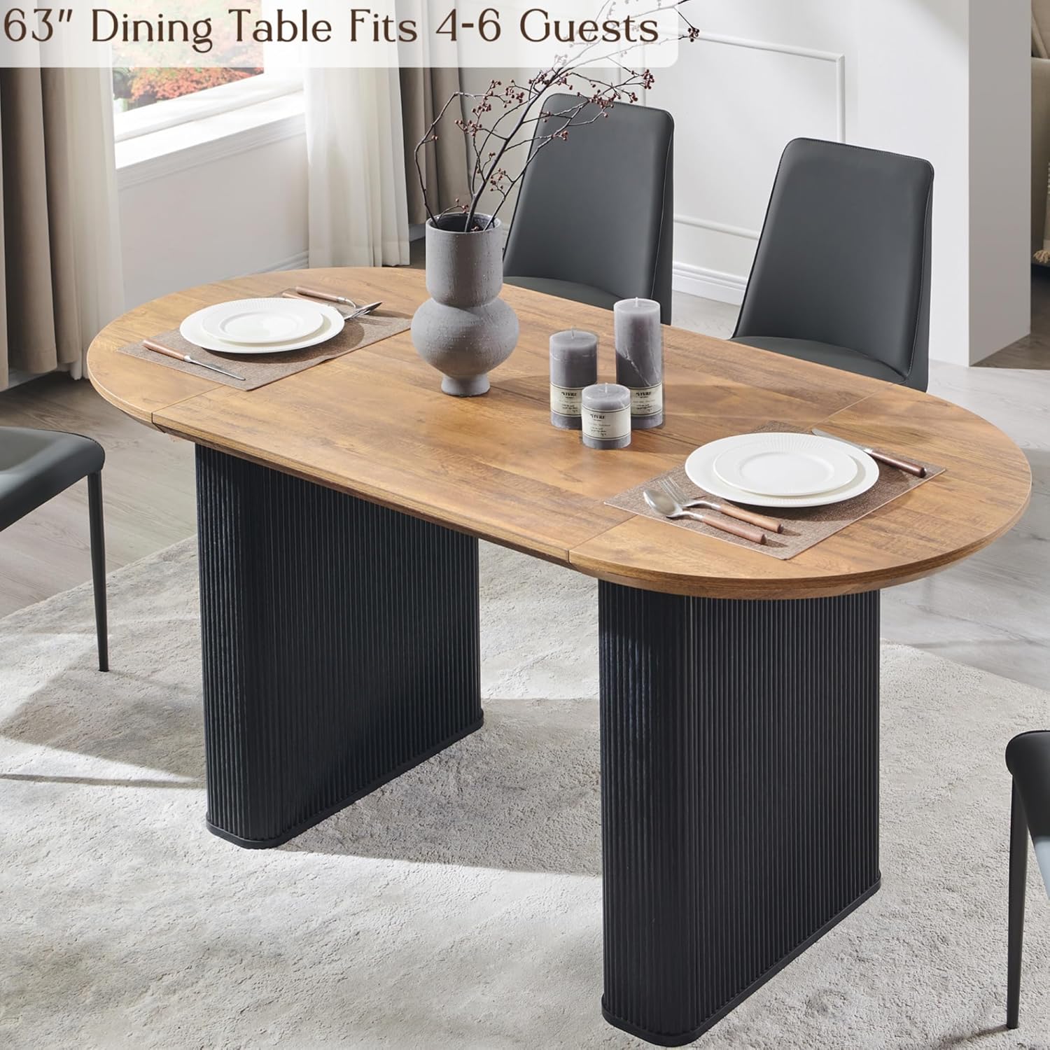 Alternative view of T4TREAM 63" Fluted Oval Dining Table for 4-6, Mid-Century Modern Kitchen Table with Thickened Edge & Strip Base, Wood Luxury Table for Dining Room/Kitchen/Home Office, Gold Brown&Black(Table Only)