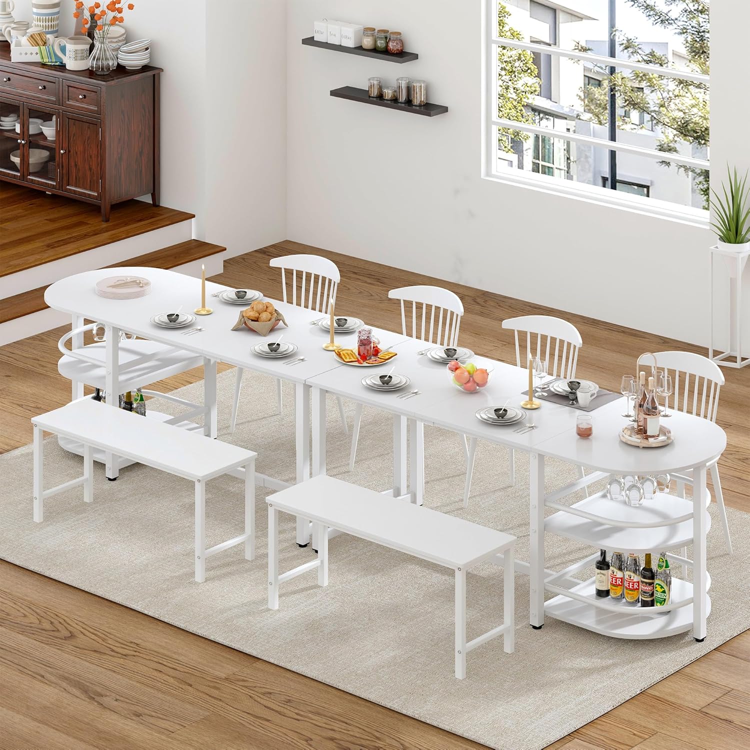 soges 70.9 inch Large Dining Table for 4 to 6, Kitchen Dinner Table with Storage Shelf & Cup Holder, Metal Legs for Dining Room, Home Office, Living Room Furniture, White