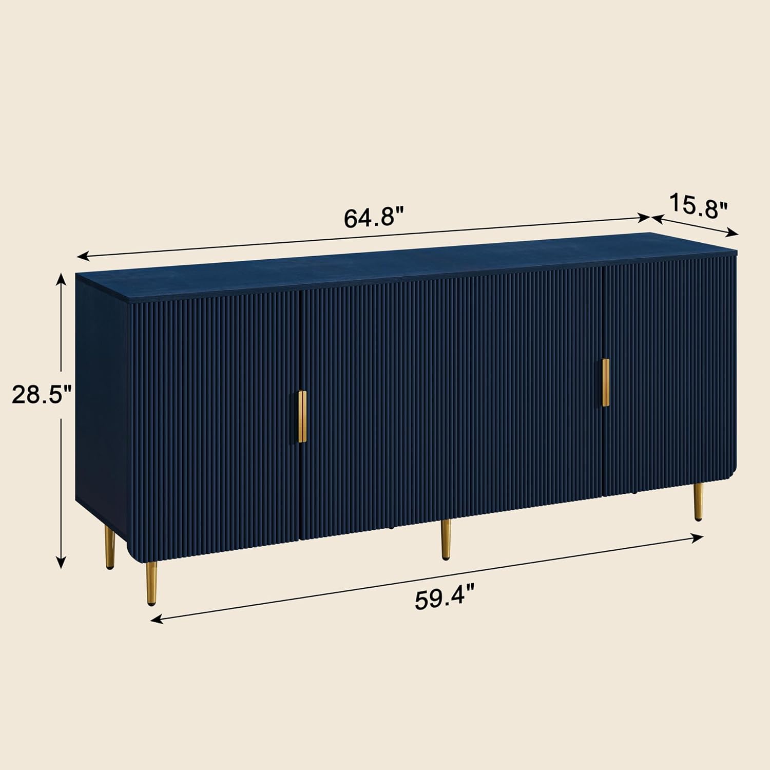 Tantmis 65" Fluted Sideboard Buffet Cabinet with Storage, Console Cabinet with 4 Doors & Adjustable Shelves, Modern Buffet Table for Kitchen Dining Living Room Hallwayu200C Entryway, Blue