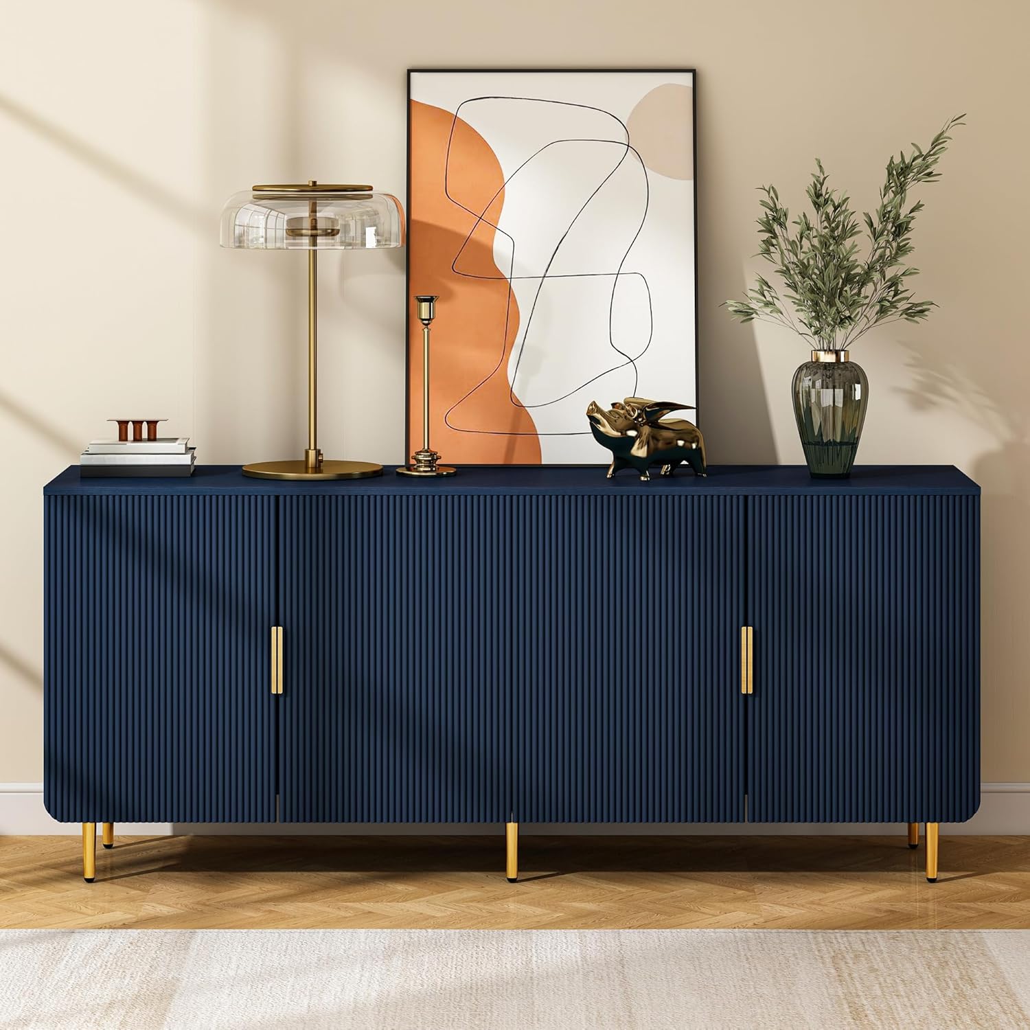 Alternative view of Tantmis 65" Fluted Sideboard Buffet Cabinet with Storage, Console Cabinet with 4 Doors & Adjustable Shelves, Modern Buffet Table for Kitchen Dining Living Room Hallwayu200C Entryway, Blue