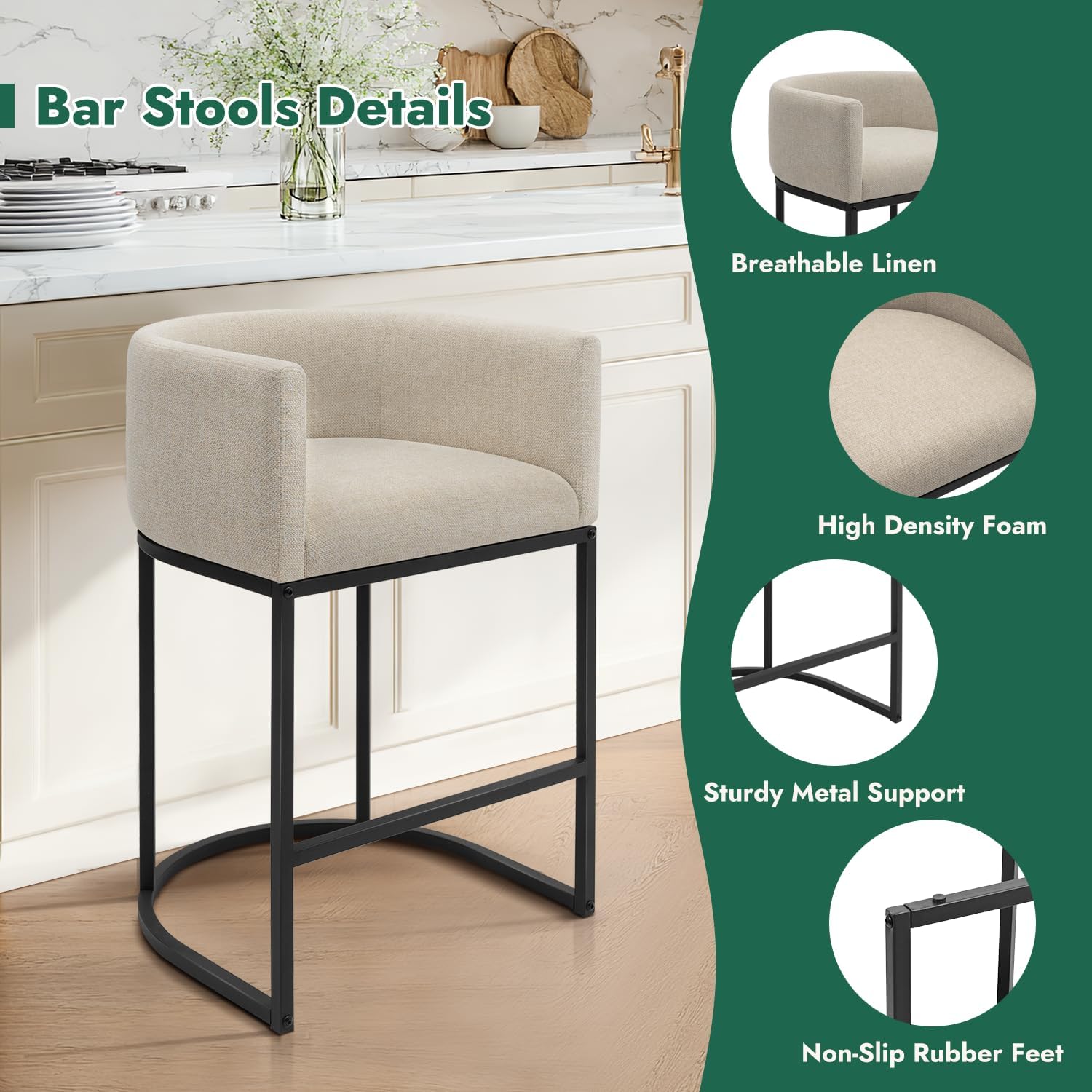 Alternative view of KRAMZMING Counter Height Bar Stools Set of 3, 24 Inch Seat Height Barstools for Dining Room, Fabric Upholstered Bar Chair for Kitchen Island, Linen Counter Stools with Metal Legs, Beige