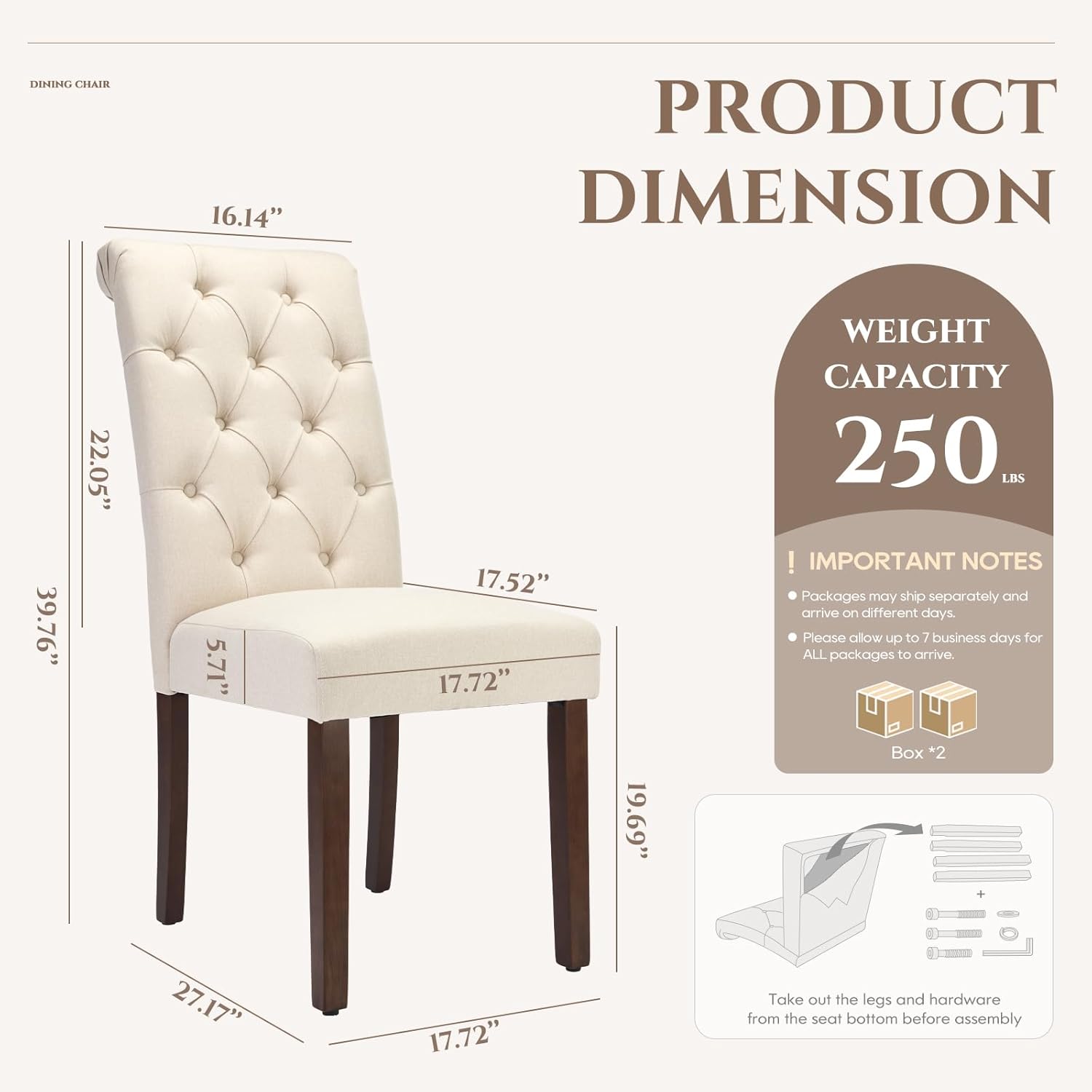 COLAMY Tufted Dining Chairs Set of 4, Accent Parsons Diner Chair Upholstered Fabric Stylish Kitchen Chairs with Solid Wood Legs and Padded Seat, Beige