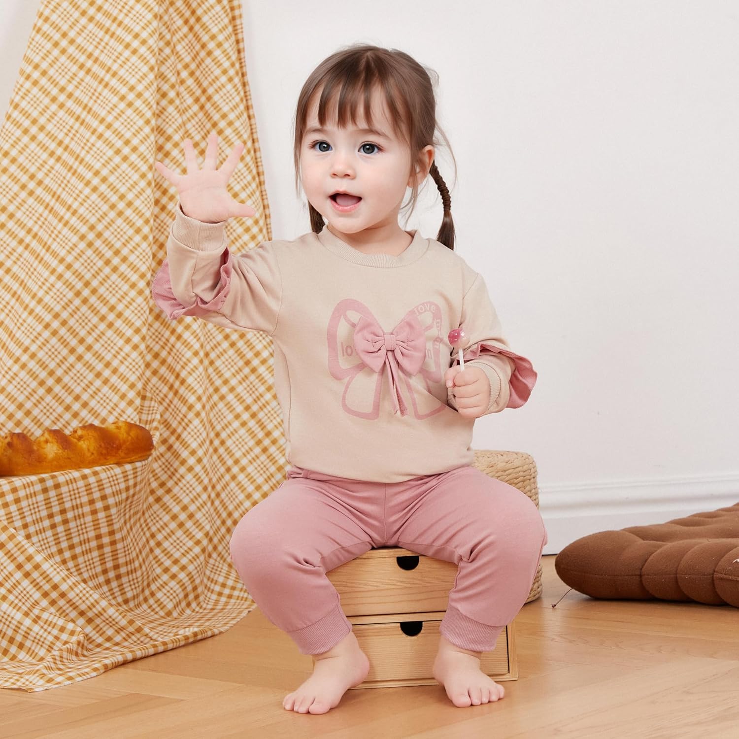 Kupretty Baby Girl Clothes Toddler Fall Winter Outfit Ruffles Crewneck Bow Pullover Sweatshirt + Joggers Pants Set