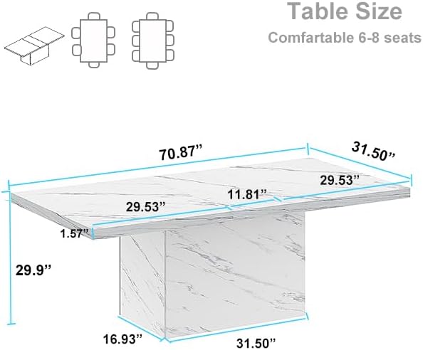 HSH 71u201D White Faux Marble Dining Table, Rectangle Modern Dinner Kitchen Table for 6-8, Farmhouse Long Kitchen Furniture for Living Room, Industrial Wood Dining Room Table with Sturdy Base