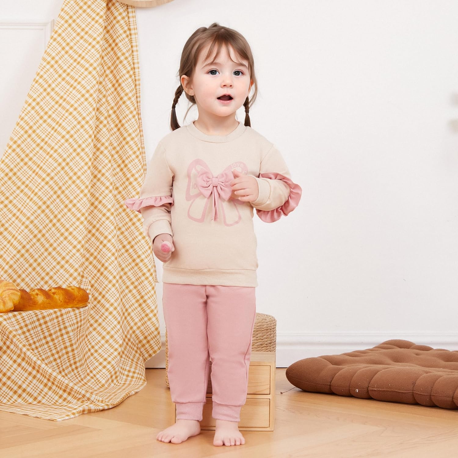 Alternative view of Kupretty Baby Girl Clothes Toddler Fall Winter Outfit Ruffles Crewneck Bow Pullover Sweatshirt + Joggers Pants Set