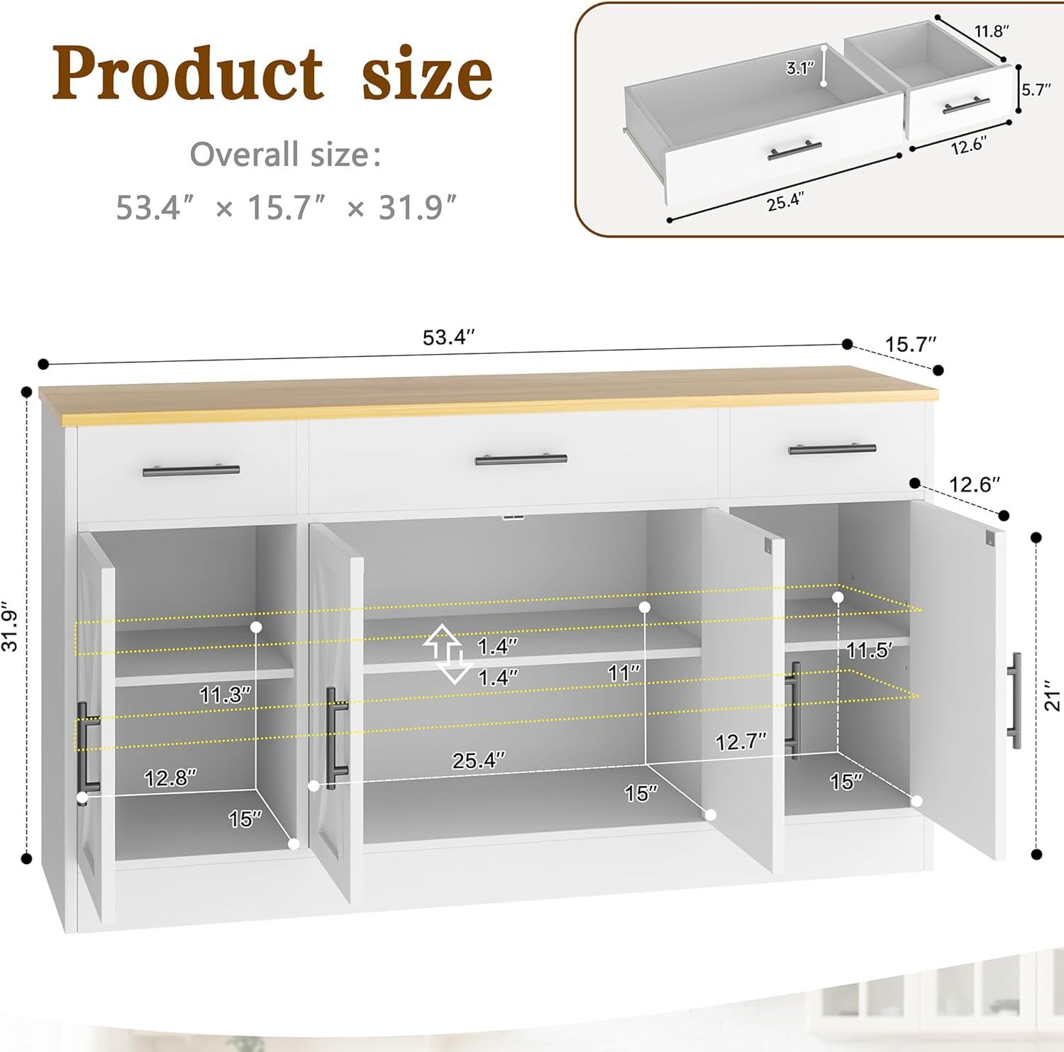 Alternative view of Vongrasig Buffet Cabinet with Storage, Farmhouse Coffee Bar Table with Drawers, 53u201D Large Modern Sideboard Buffet with Adjustable Shelves, Wood Buffet Table for Kitchen, Dining Room, White