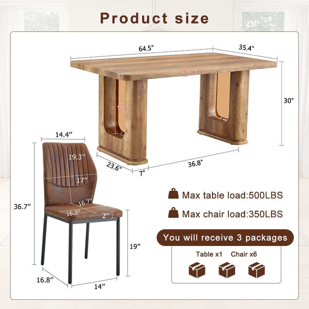 Rejeke 64.5" Dining Room Table Set for 6, Modern Farmhouse Wood Dining Table Set with Decorative Pedestal Legs & 6 Cushioned Chairs,Rustic Brown Kitchen Table Set for Kitchen, Easy Assembly