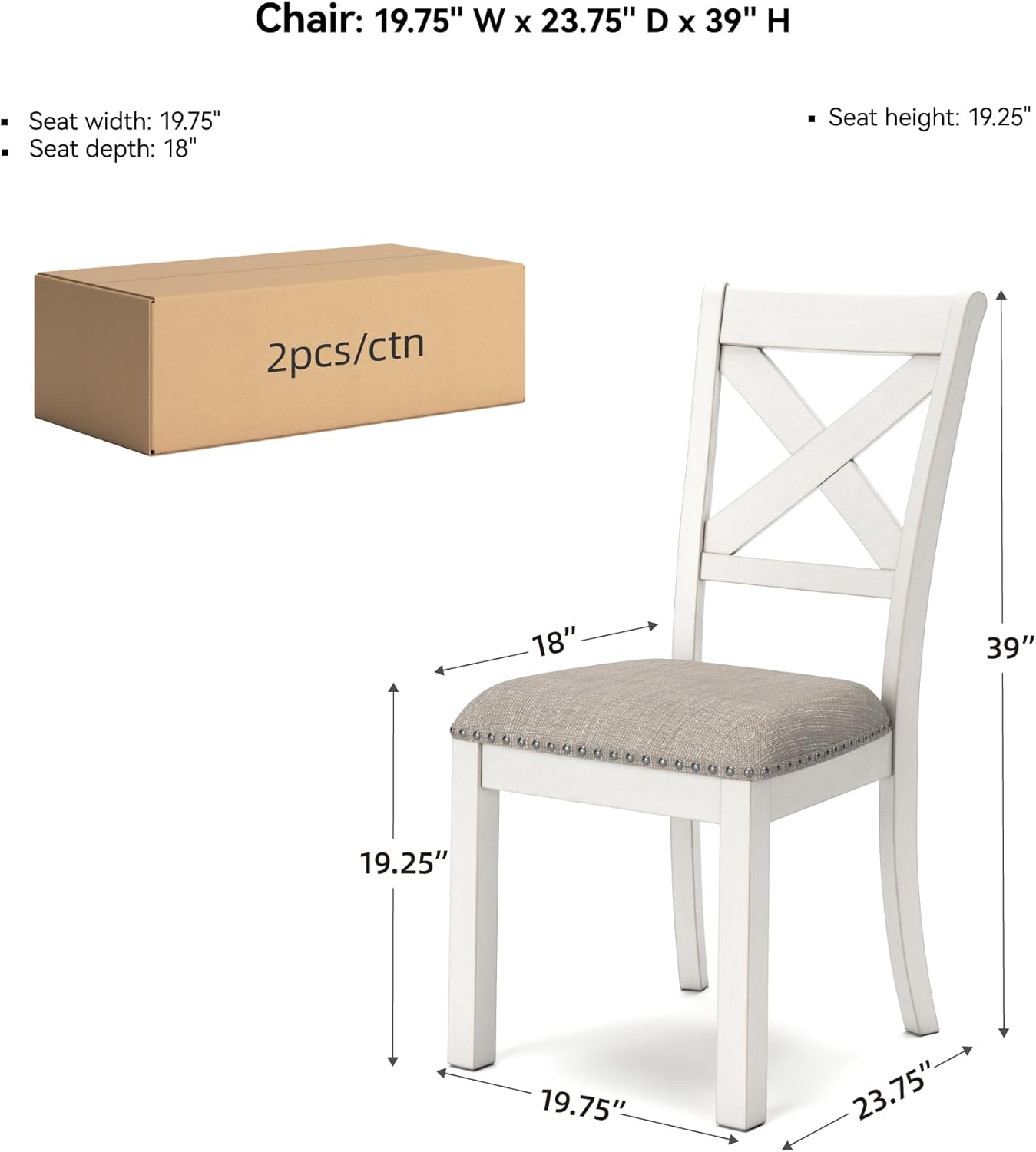 Alternative view of Signature Design by Ashley Robbinsdale Casual Upholstered Solid Wood Dining Chair with Nailhead Trim, Set of 2, White & Light Gray