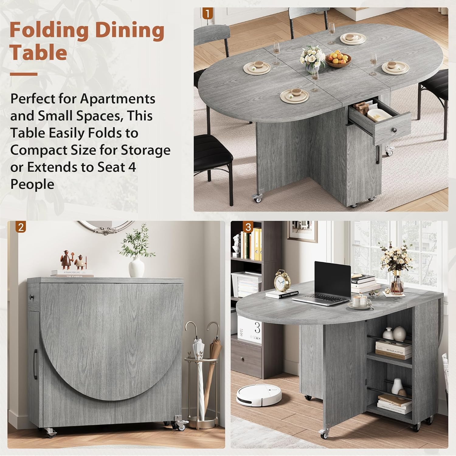 Alternative view of Jocoevol Folding Dining Table for 4 Kitchen Dining Room DinnerTable with Storage Drawer Space Saving Oval Foldable Drop Leaf Gateleg Furniture for Small Space (Grey, 47 * 23.6 * 30)