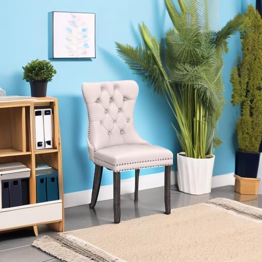 KCC Velvet Dining Chairs Set of 6, Upholstered High-end Tufted Dining Room Chair with Nailhead Back Ring Pull Trim Solid Wood Legs, Nikki Collection Modern Style for Kitchen, Beige