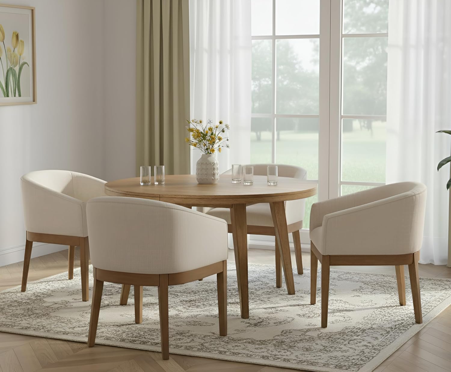 Alternative view of RIVOVA Beige Mid Century Modern Dining Chairs Set of 4, Farmhouse Linen Upholstered Accent Curved Backrest Kitchen Chairs Armchairs with Natural Wood Legs, Beige