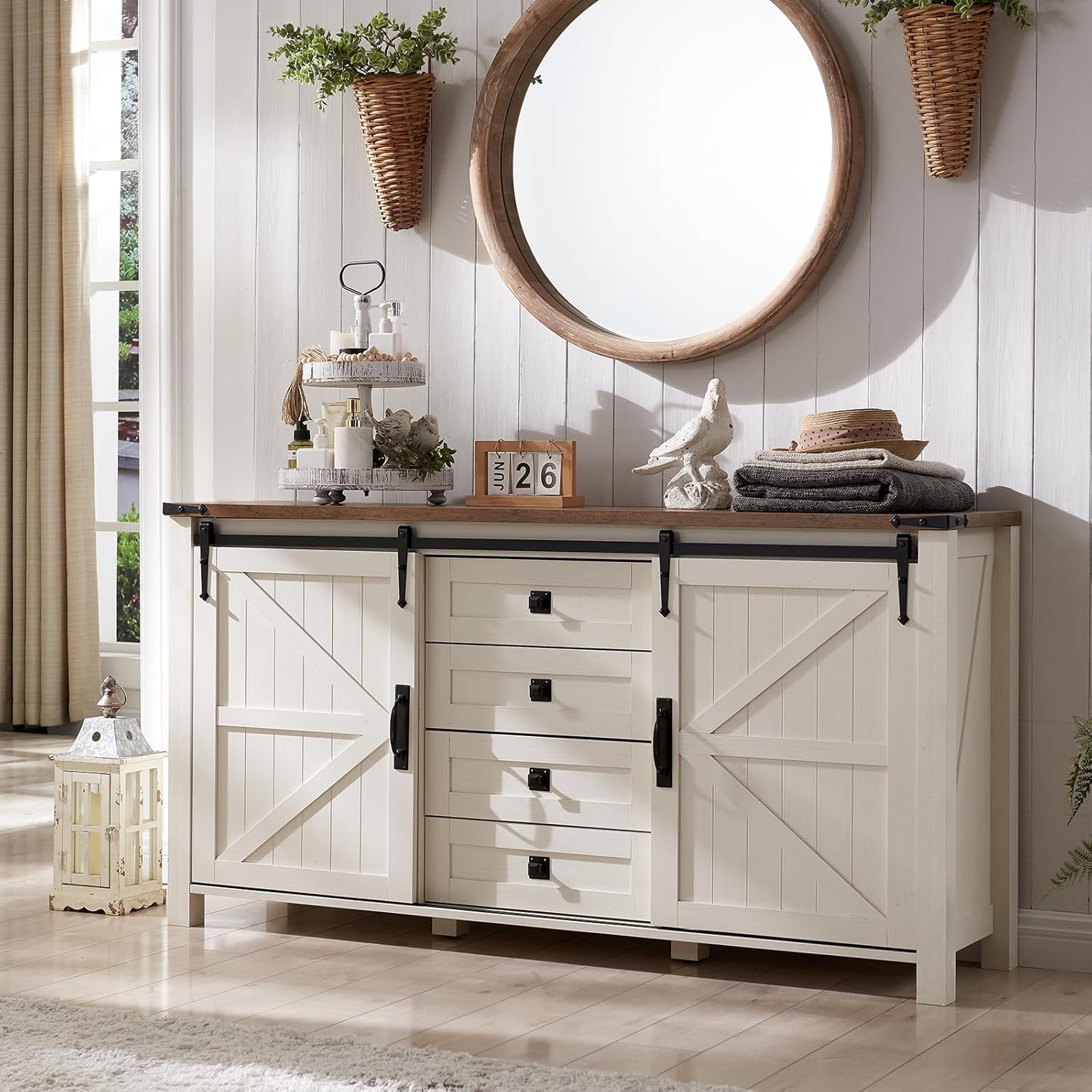 Alternative view of T4TREAM Farmhouse Sideboard Buffet Cabinet with Storage, 60" Large Kitchen Cabinet w/Sliding Barn Doors and 4 Drawers, 31.2'' Tall Wood Coffee Bar Table for Dining Room, Antique White