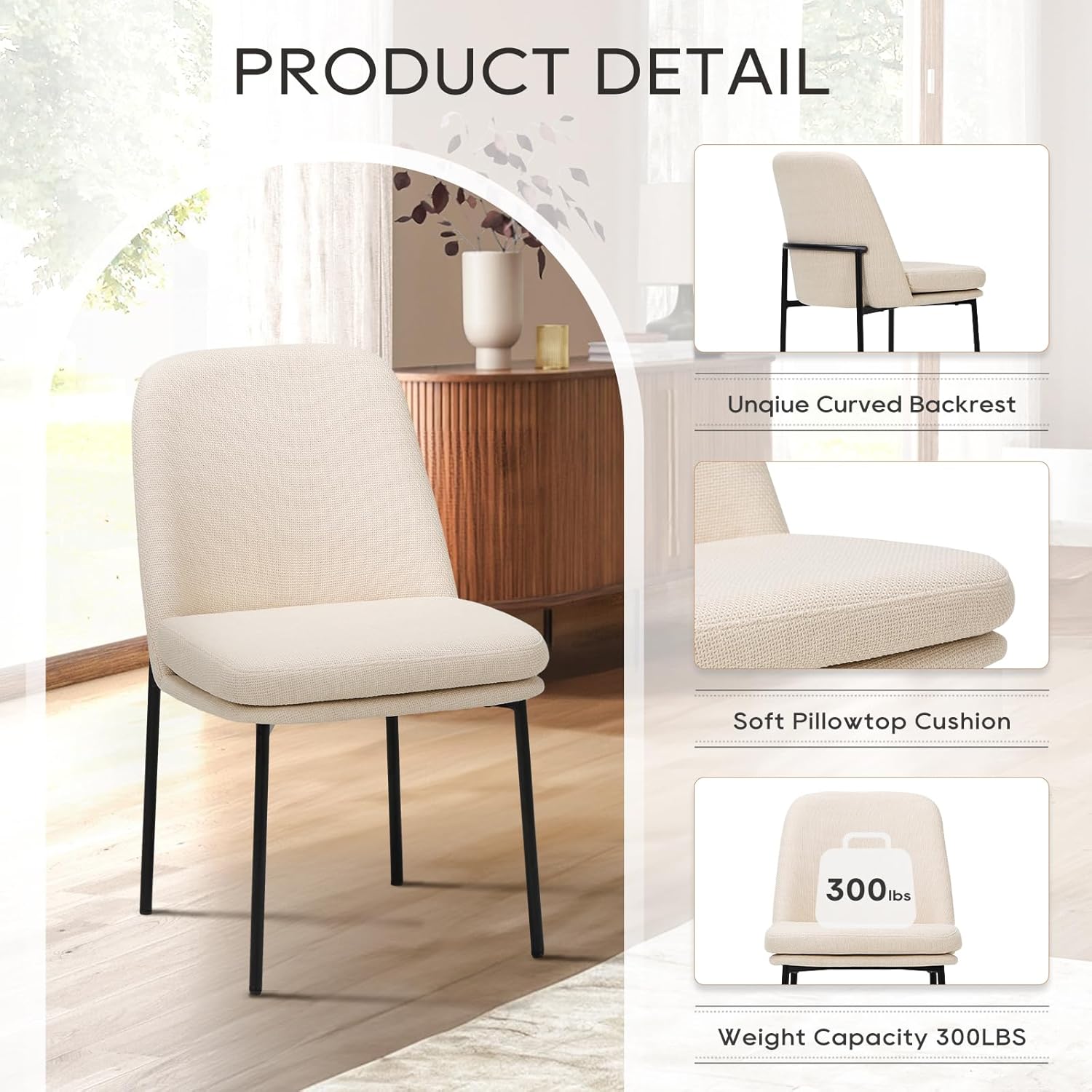 Alternative view of COLAMY Dining Chairs Set of 4, Modern Dining Chairs, Fabric Upholstered Dining Chairs, Kitchen Chairs with Curved Back and Metal Legs for Dining Room Kitchen Restaurant, Beige