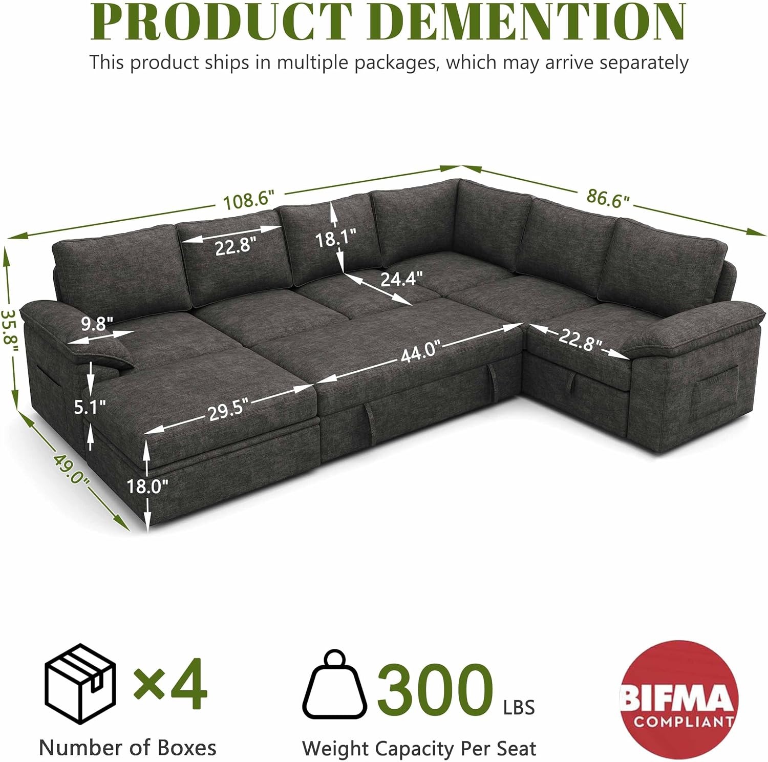 Alternative view of SUAWY 108 Inch Sectional Sleeper Sofa with Pull Out Bed, U Shaped 7 Seat Modular Sectional Sofa with Storage, Sectional Couches for Living Room, Cloud Modular Couch,Removable Sofa Cover, Dark Grey