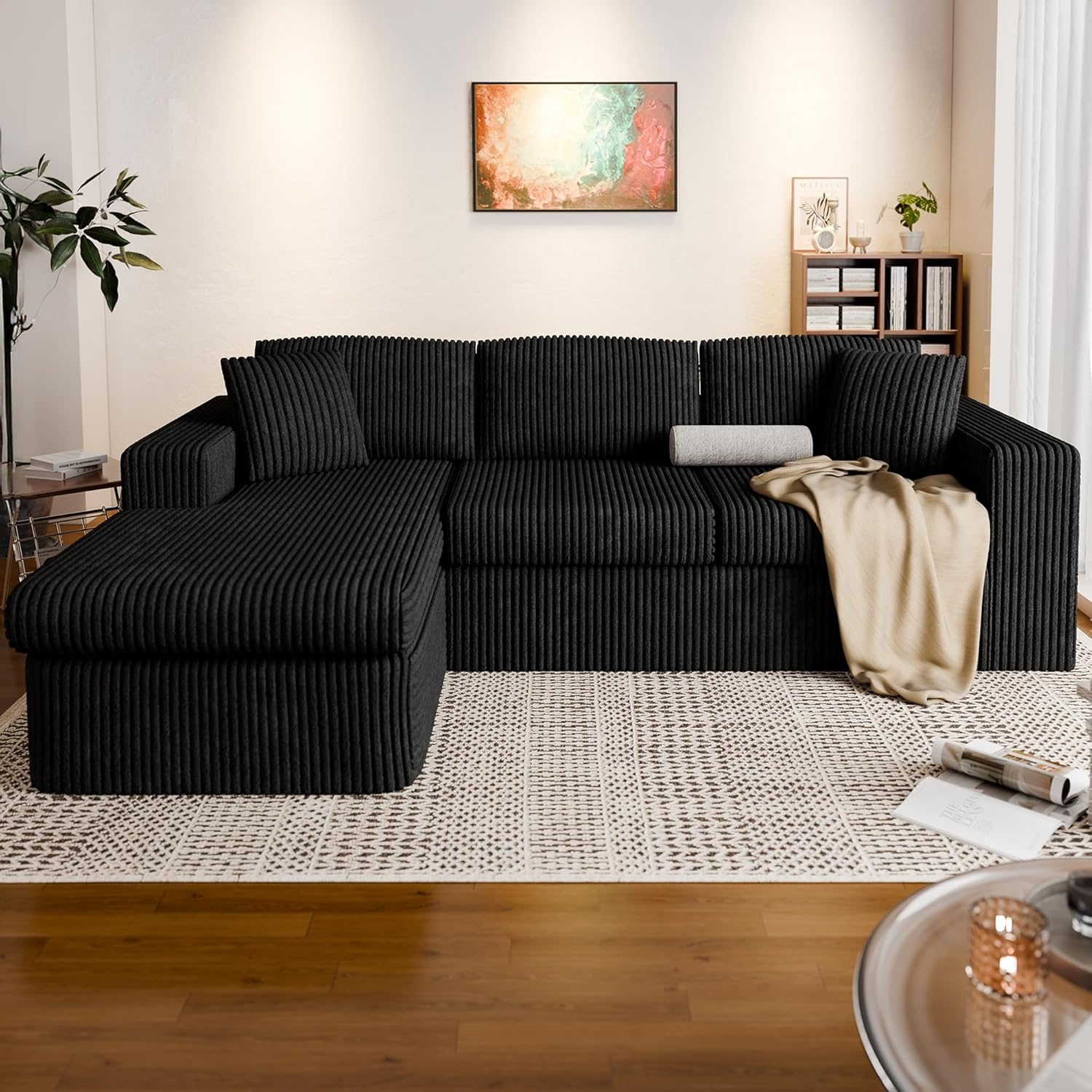 Alternative view of Vongrasig 105" Boneless Couches for Living Room, Sectional Couches Modular Sofa with L-Shaped Chaise, Memory Foam Comfy Cloud Couch with Plush Corduroy Fabric, No Assembly Required, Black