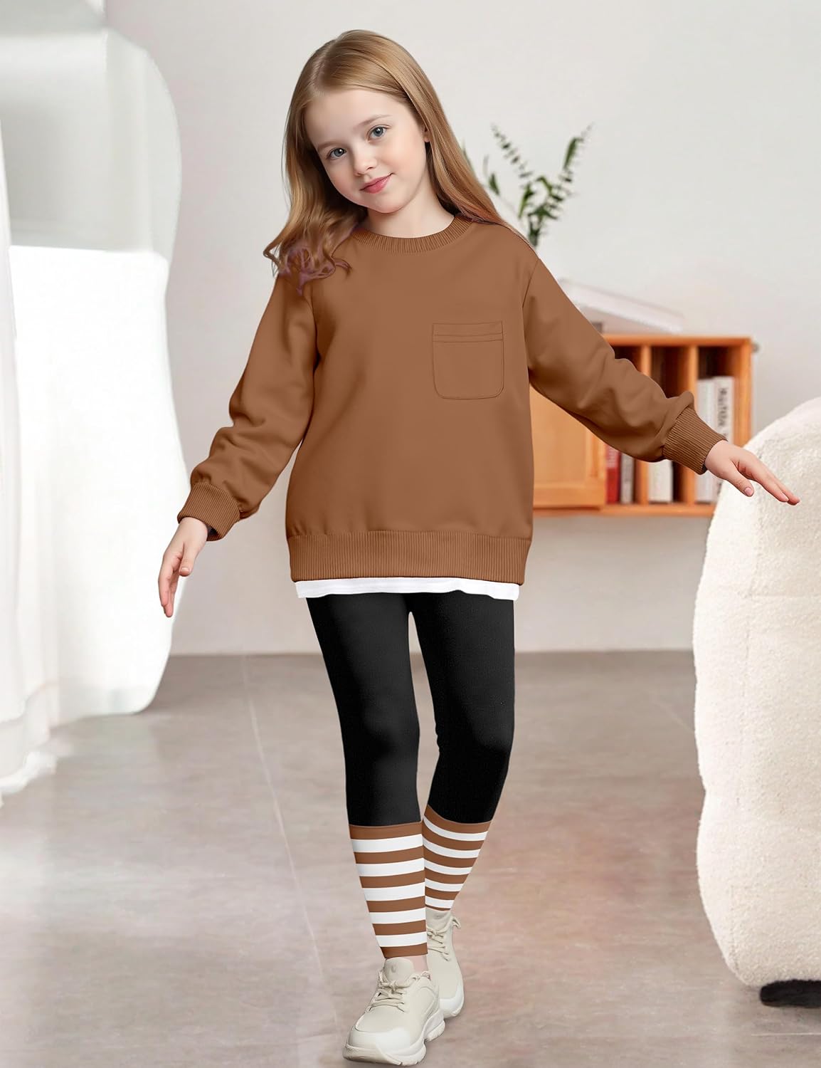 NAPU Little Girls Clothes 2Pcs Girls Outfits Pullover Sweatsuit Patchwork Striped Leggings Pants Set Fall Winter Clothes 2-8Y