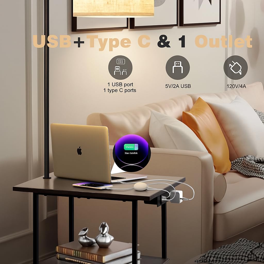 PESRAE Floor Lamp with Table, End Tables with Charging Station(USB & Type-C & AC Port), 3 Color Temperatures 9W LED Bulb, Modern Shelves Side Table for Bedroom, Living Room