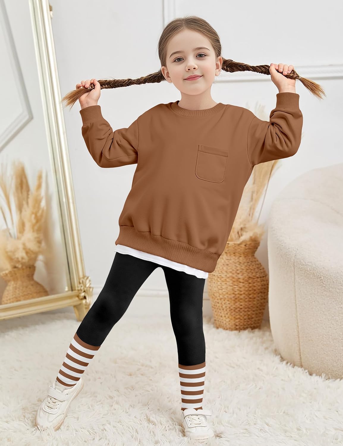 Alternative view of NAPU Little Girls Clothes 2Pcs Girls Outfits Pullover Sweatsuit Patchwork Striped Leggings Pants Set Fall Winter Clothes 2-8Y