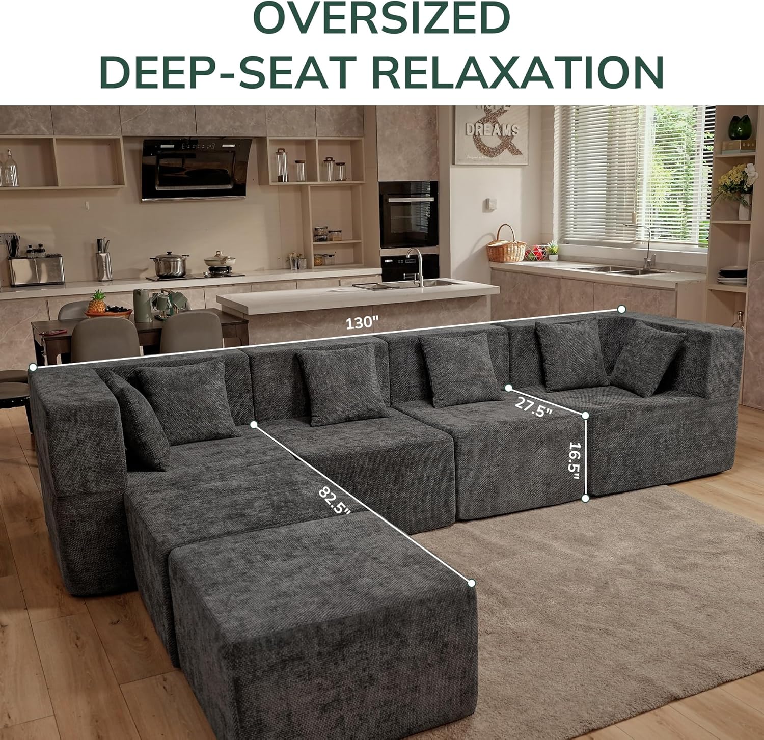 MONVANE Modular Sectional Cloud Couch for Living Room - 130'' 4 Seater Convertible Chenille Couches Set with Ottoman, No Assembly Compression Sofas, Comfy Floor Sofa with Memory Foam, Dark Grey