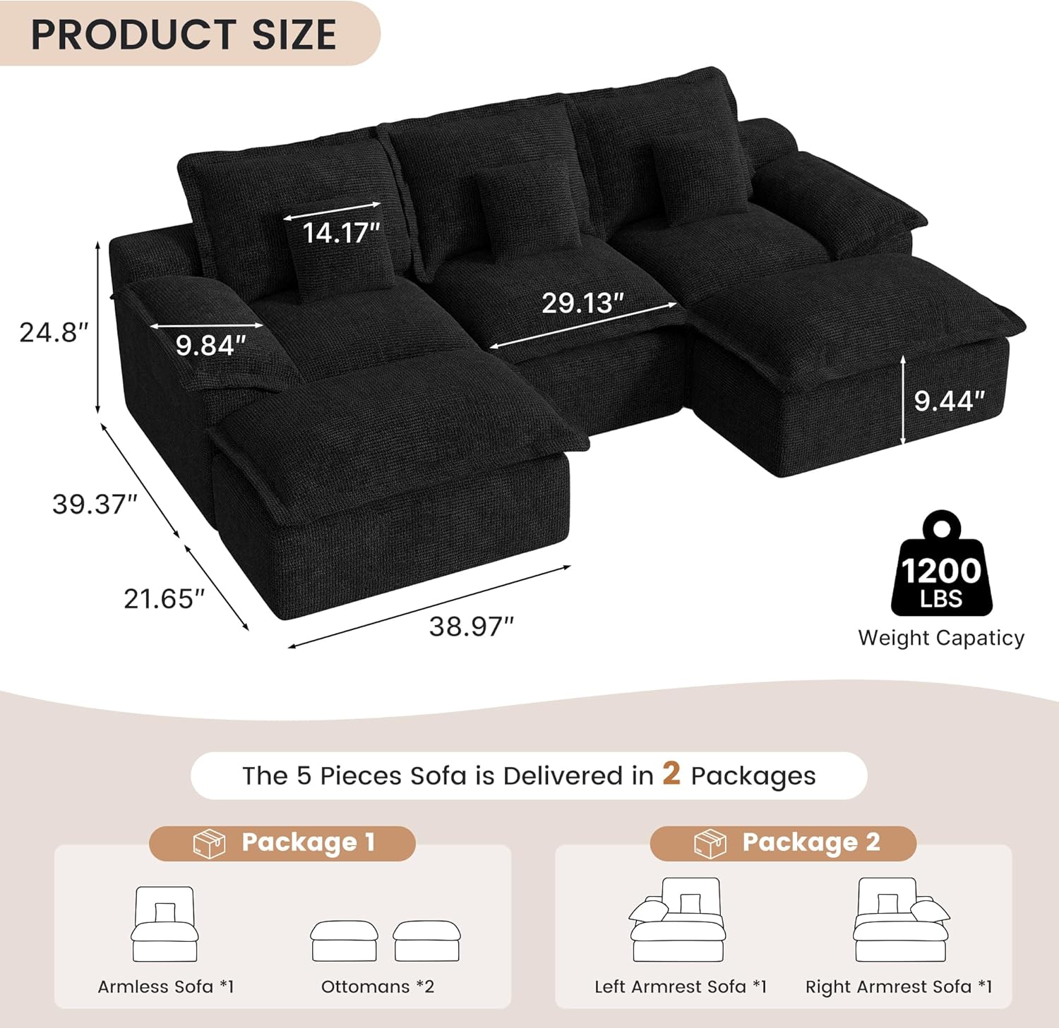 Nebuaegis Cloud Couch Sectional, Modern Modular Sofa with Deep Seat, U-Shape Boneless Couches for Living Room with Movable Ottomans, No Assembly Required, Chenille, Black(3 Seater + 2 Ottomans)