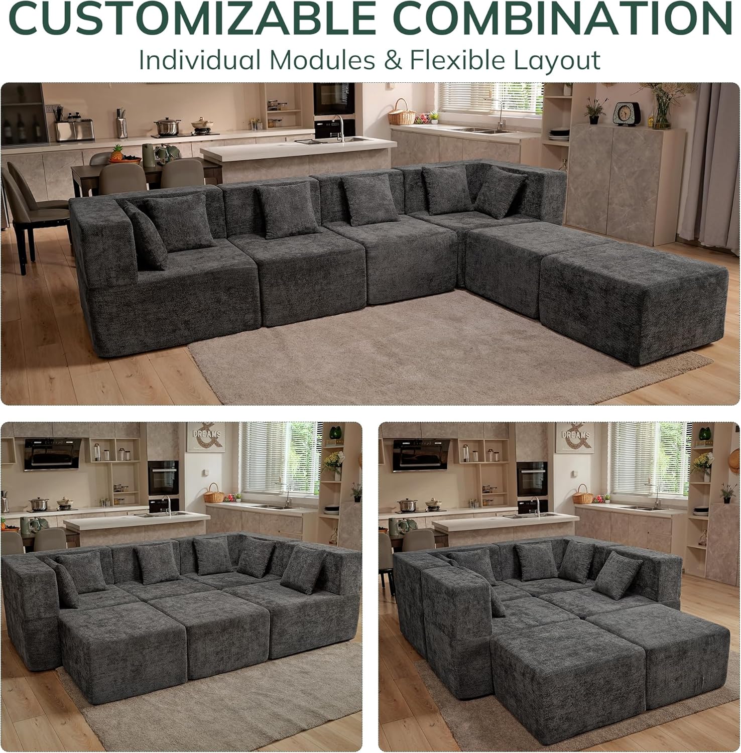Alternative view of MONVANE Modular Sectional Cloud Couch for Living Room - 130'' 4 Seater Convertible Chenille Couches Set with Ottoman, No Assembly Compression Sofas, Comfy Floor Sofa with Memory Foam, Dark Grey