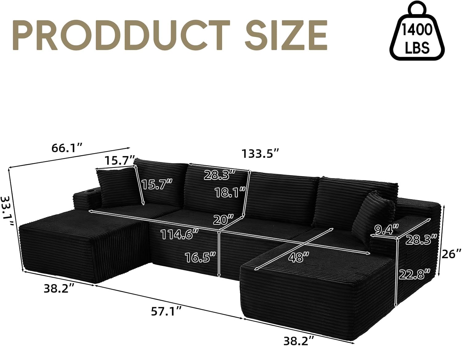 134 Inch Cloud Sectional Couch with L-Shape Chaise,Modern Upholstered Couches with Deep Seat,Corduroy Sponge Compressed Sofa for Living Room, Bedroom,No Assembly Required (Black, U-Shaped Sofa)